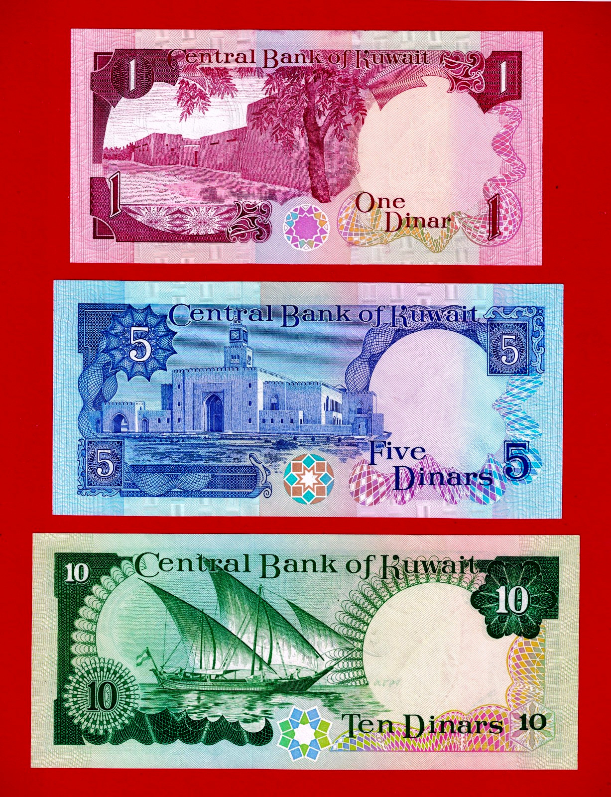 KUWAIT 1968/(1980-\'91) UNC & AUnc NOTES 1 Dr (P-13d), 5 Dr. P-14c & 10 Dr. P-15c KUWAIT 1968/(1980-\'91) UNC & AUnc NOTES 1 Dr (P-13d), 5 Dr. P-14c & 10 Dr. P-15c