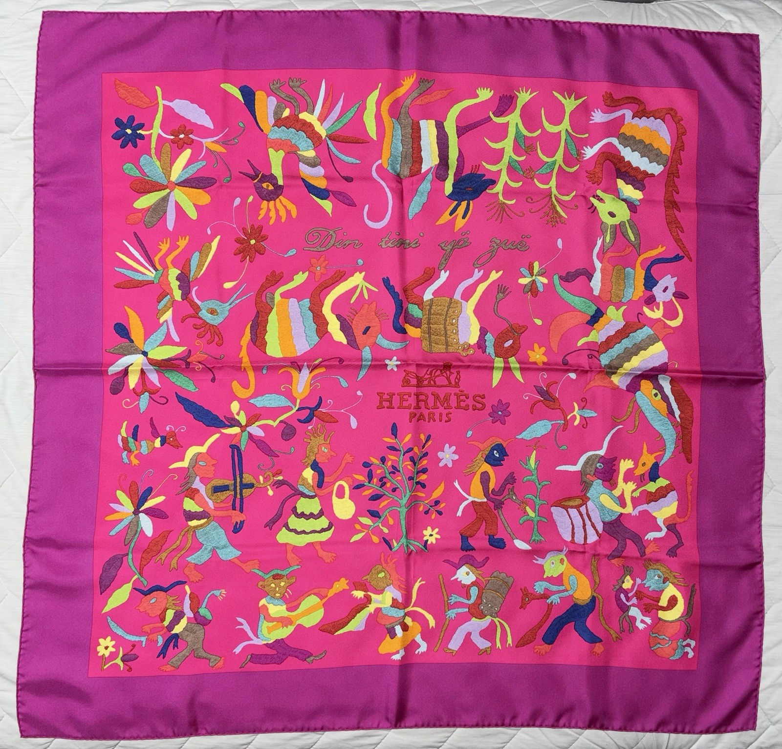 HERMES Silk Scarf Carre 90 Din Tini Ya Zue Fuchsia Pink Box Card Included