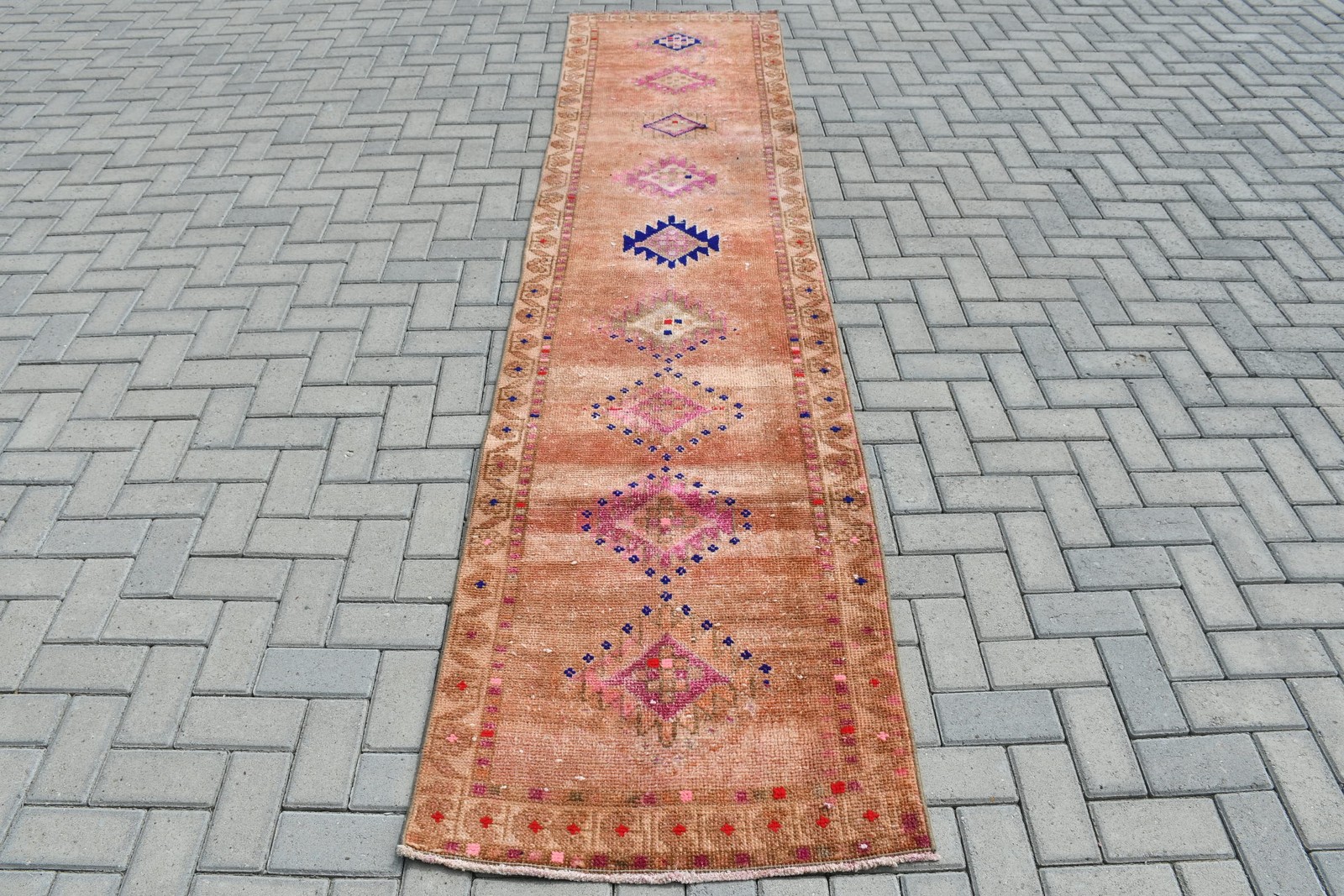 2,7x11,4 ft Runner Turkish Rug, Vintage Rug, Brown Blue Plants & trees Wool Rug