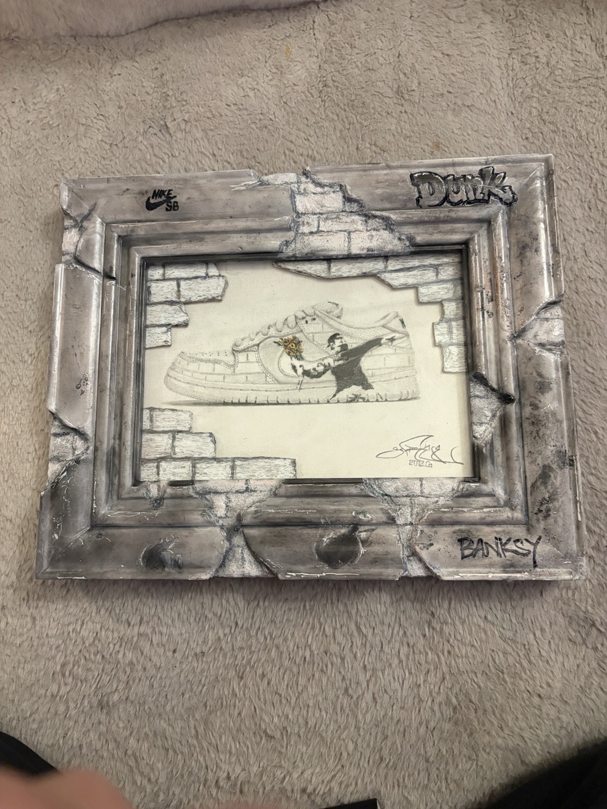 Banksy drawing in pencil. Original Custom Frame Nike Dunk Flower Thrower OOAK Banksy drawing in pencil. Original Custom Frame Nike Dunk Flower Thrower OOAK
