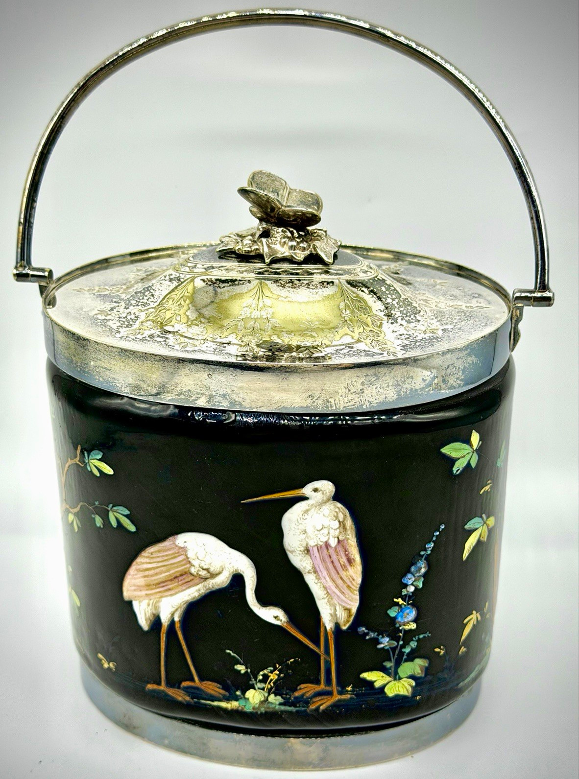 Rare Antique Black glazed Porcelain Crane biscuit jar with Silver Plated Lid Rare Antique Black glazed Porcelain Crane biscuit jar with Silver Plated Lid