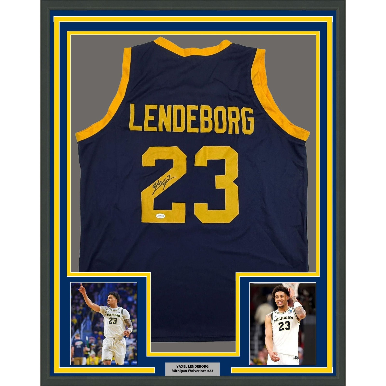 Framed Autographed Yaxel Lendeborg 35x39 Michigan Blue Jersey JSA COA Framed Autographed Yaxel Lendeborg 35x39 Michigan Blue Jersey JSA COA