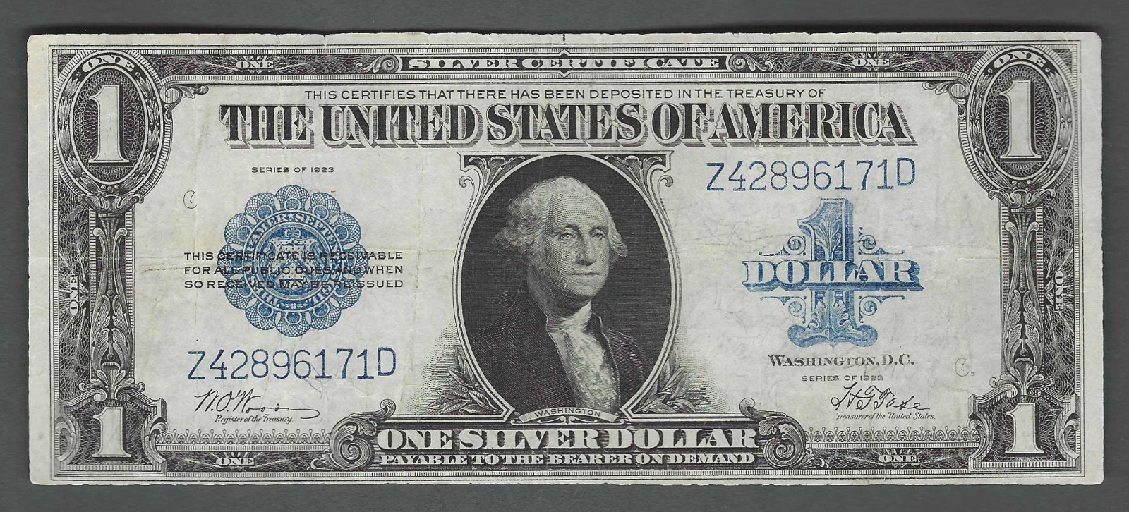 SCARCE Woods/Tate Signatures 1923 $1 LARGE Size Historic VF+ Silver Certificate