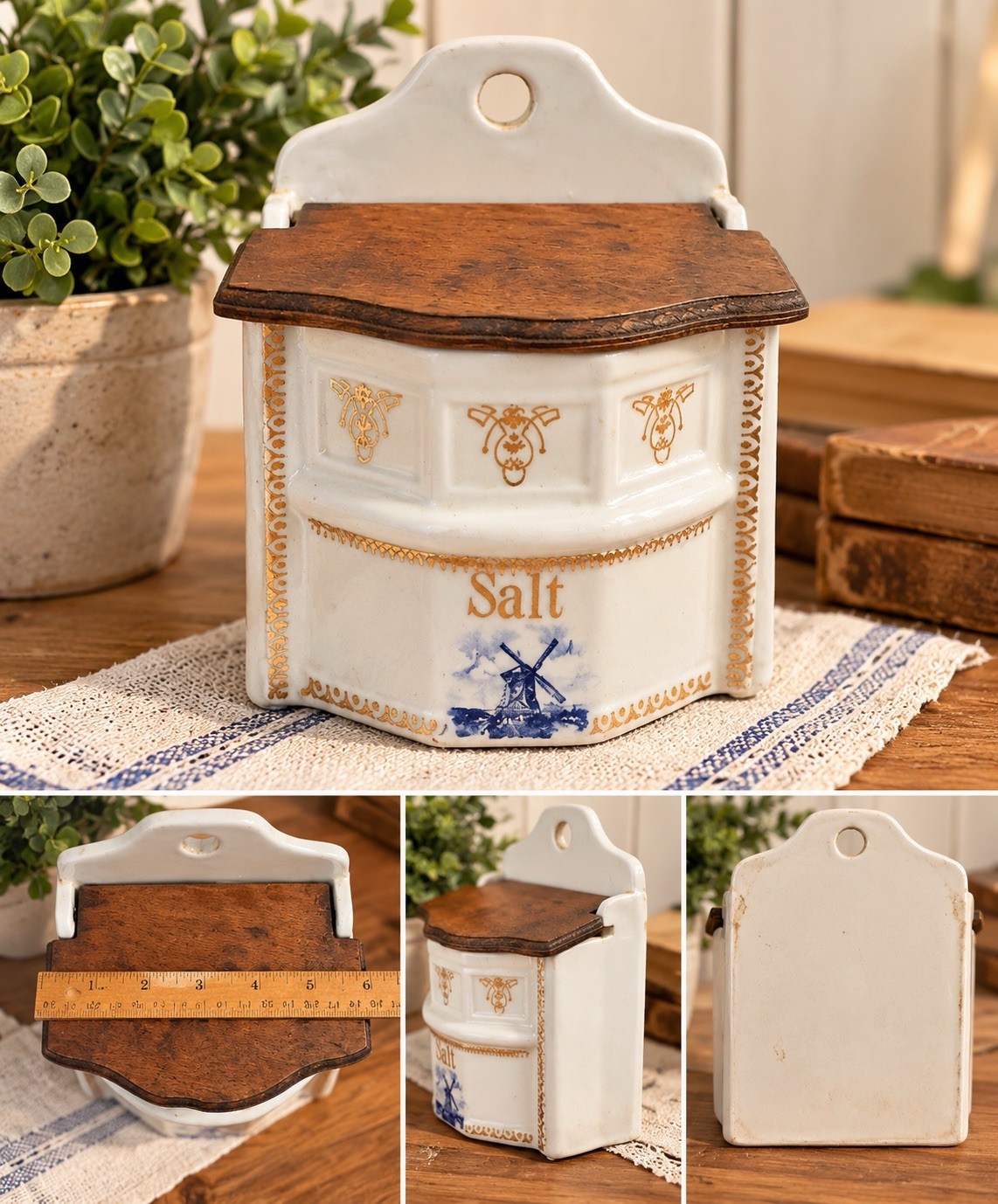 Delft Blue Salt Crock Windmill Made In Germany Wood Lid Wall Hanging Cellar EUC