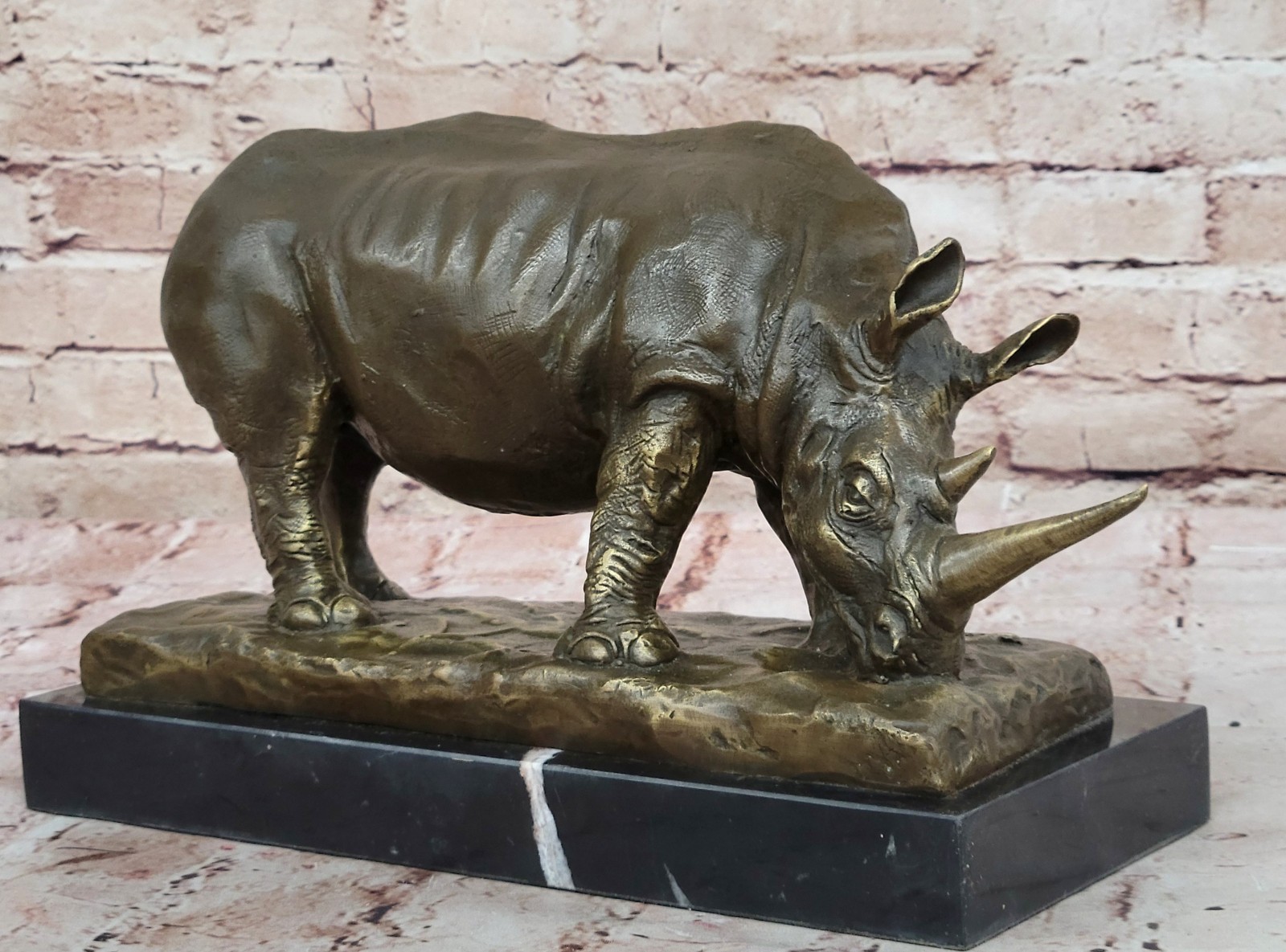 Ancient Endangered Rhinoceros Bronze Sculpture Signed Barye Animal Statue Figure