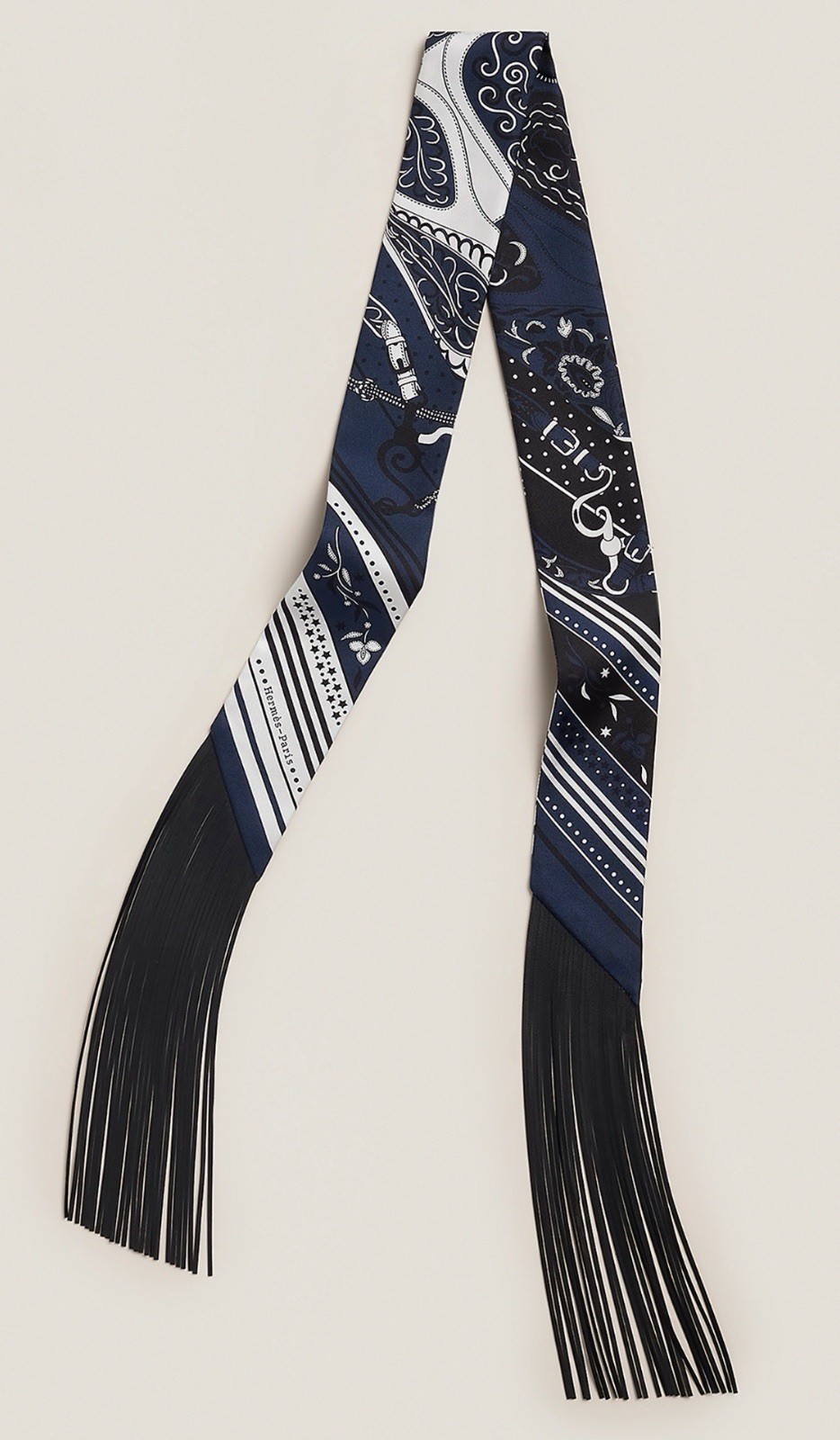 Hermès Fringe Twilly Bandana Leather Marine /Blanc /Noir Silk New In Box Unused