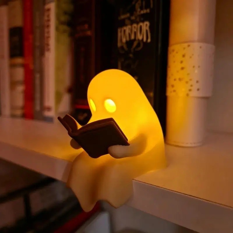 Cute Reading Ghost Figurine Light Up Halloween LED Book Spooky Bookshelf Decor
