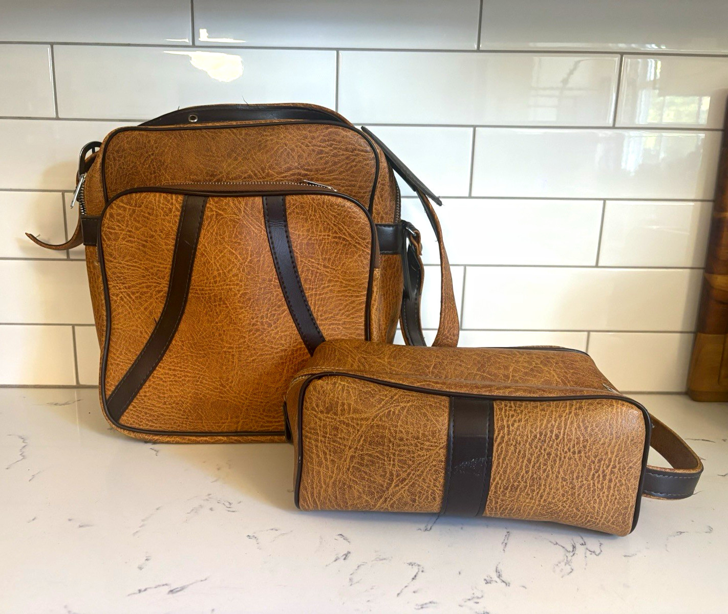 VINTAGE 1970s 2-Piece Faux Leather Luggage Toiletry Set Zipper Closure