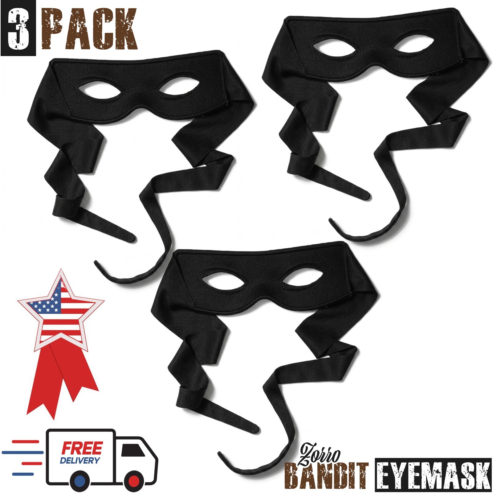 3Pack Black Zorro Eyemask Bandit Burglar Bank Robber Superhero Halloween Eyemask