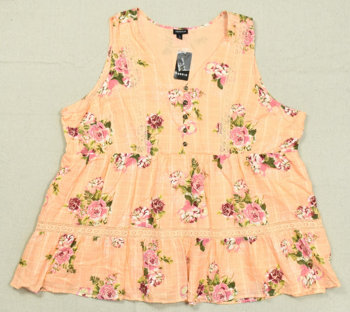 Torrid Peach Floral Tiered Sleeveless Button Front Babydoll Blouse Plus Size 3X