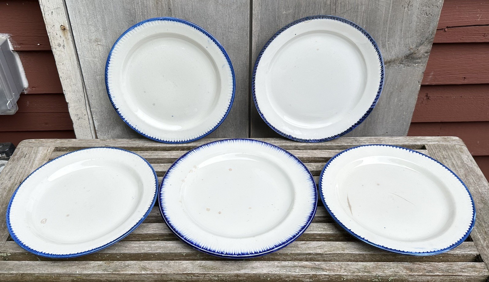 Antique English Leeds Creamware Blue Feather Edge Dinner Plates Antique English Leeds Creamware Blue Feather Edge Dinner Plates