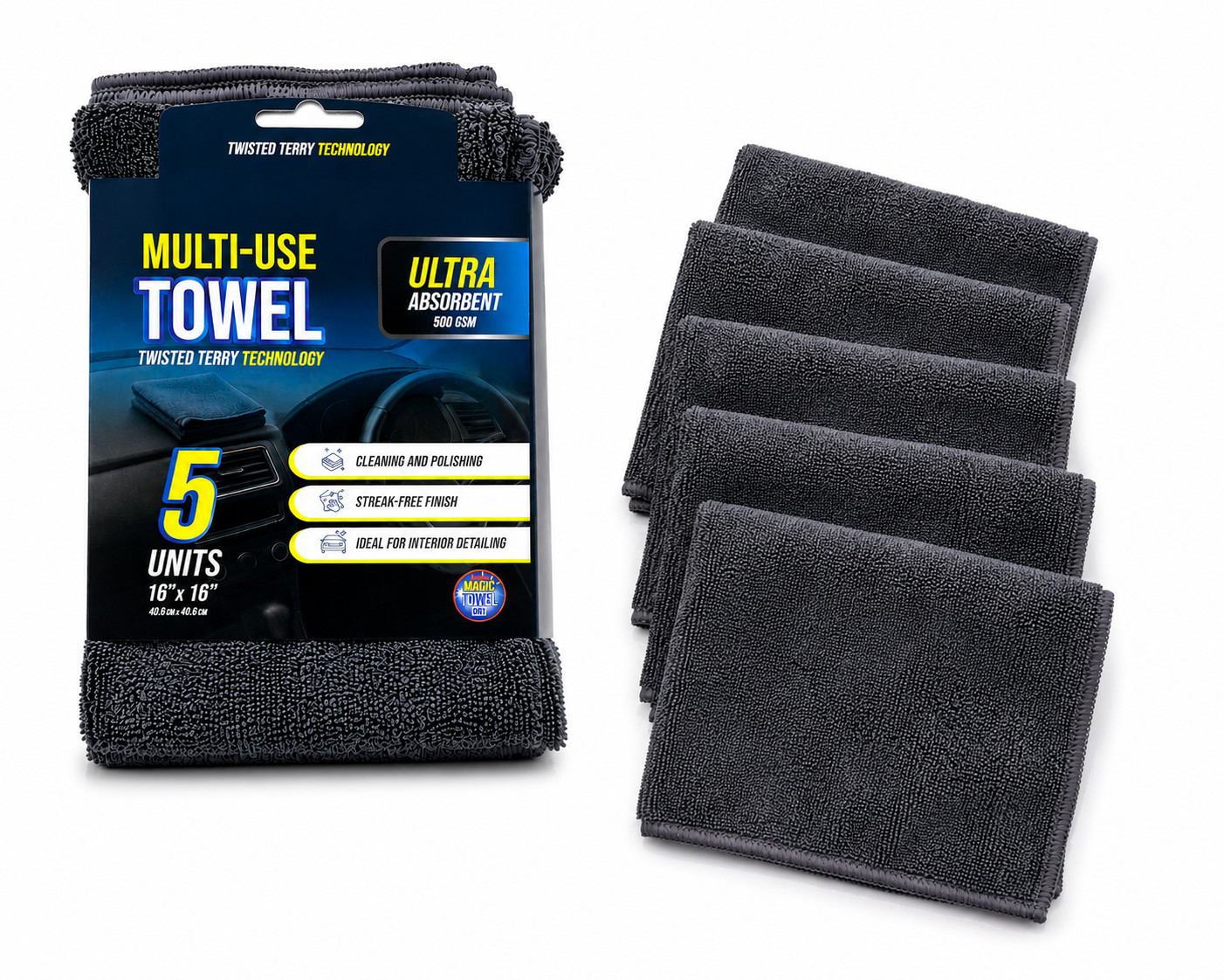 5-Pack Microfiber Car Detailing Towels 16x16 500 GSM Twisted Terry Scratch-Free 5-Pack Microfiber Car Detailing Towels 16x16 500 GSM Twisted Terry Scratch-Free