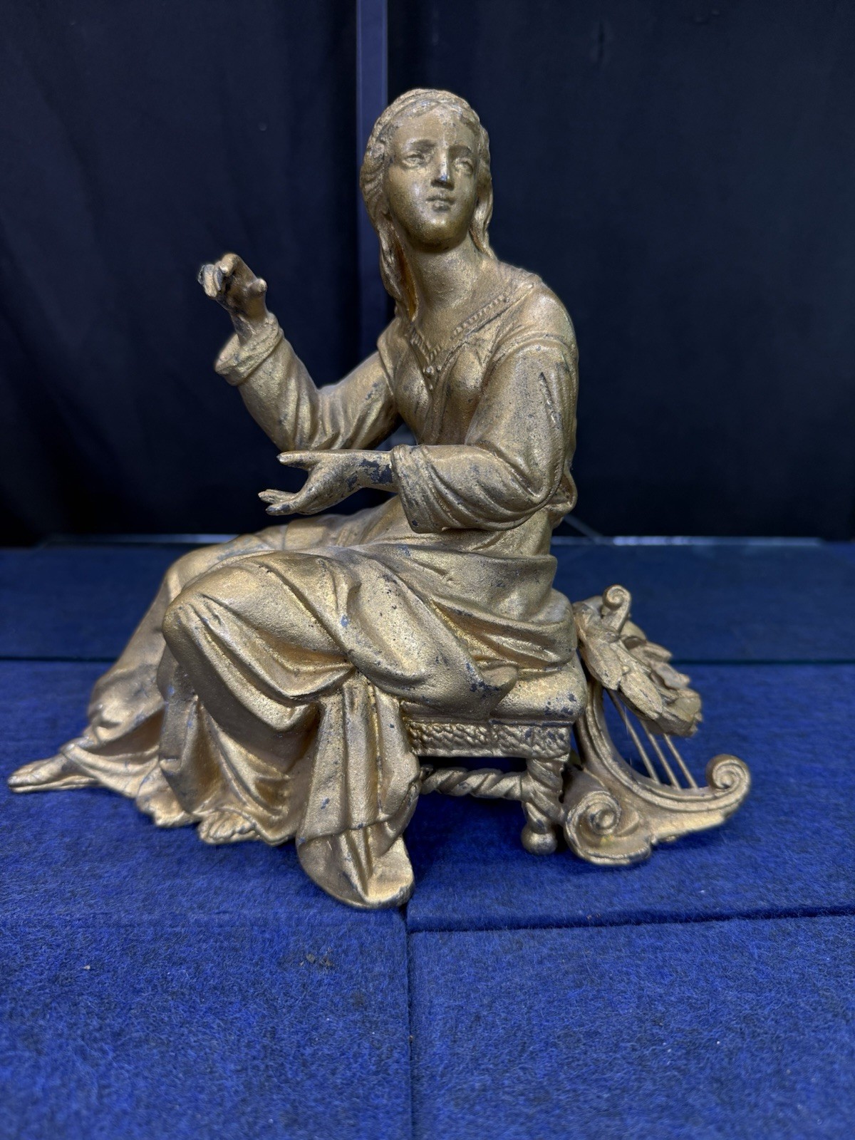 Antique Victorian Lady with Lyre Spelter Statue Mantel Clock Topper c1880-1910