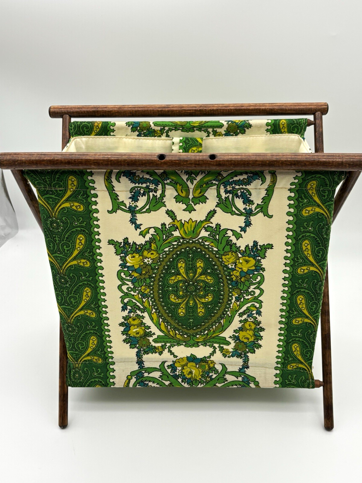 This is a vintage wooden folding yarn caddy and sewing or knitting basket This is a vintage wooden folding yarn caddy and sewing or knitting basket