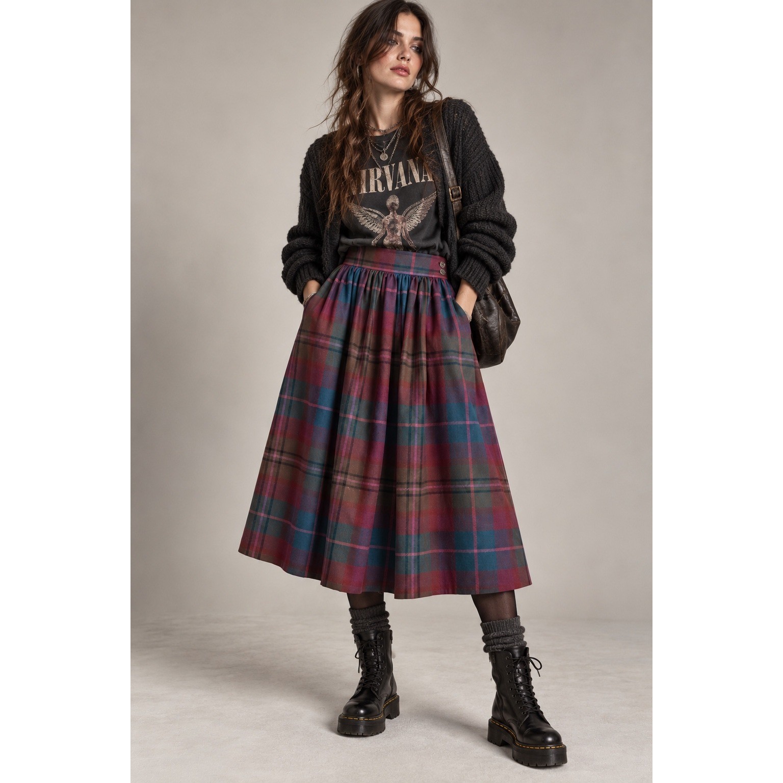 Evan-Picone Vintage 100% Wool Plaid Midi Skirt Burgundy Teal Purple 12 Grunge