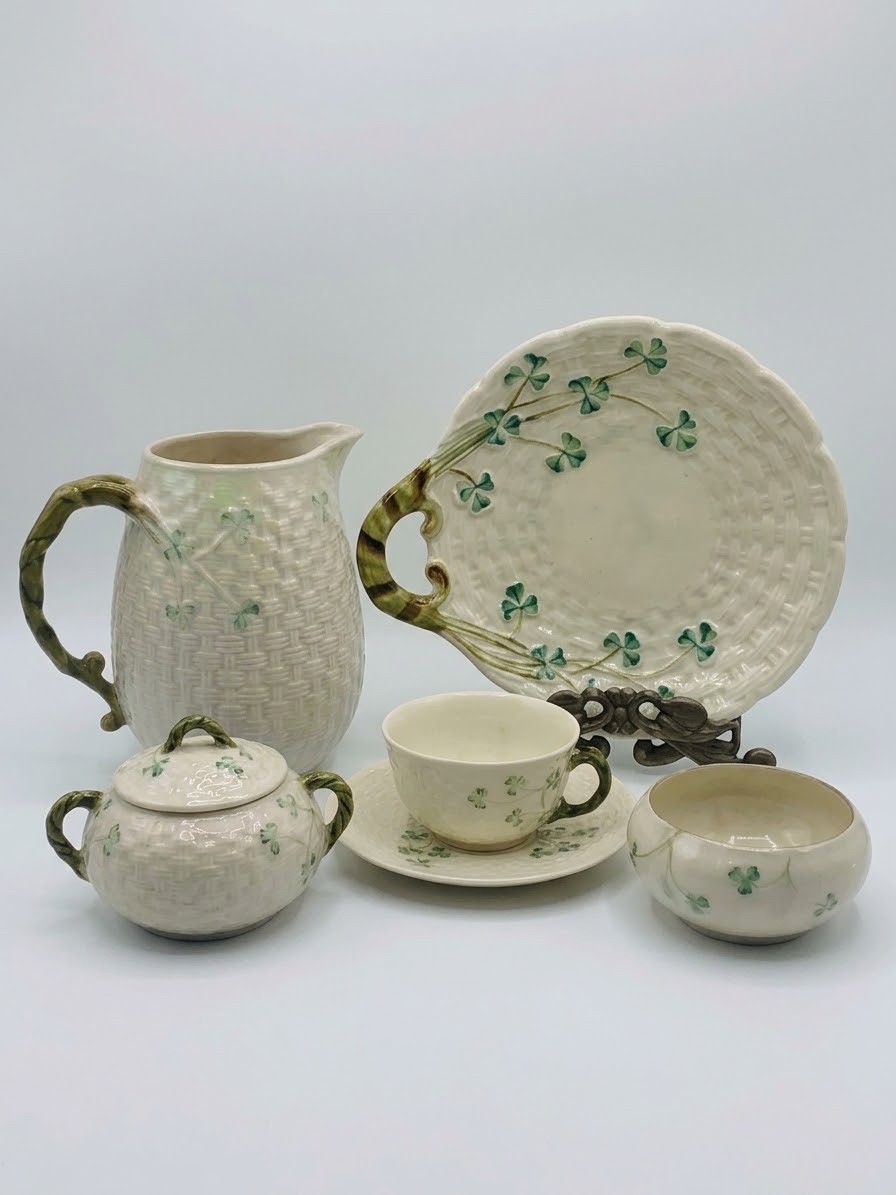 Belleek Vintage Shamrock Basketweave Porcelain 6 of sets (Pitcher,Sugar bowls..)