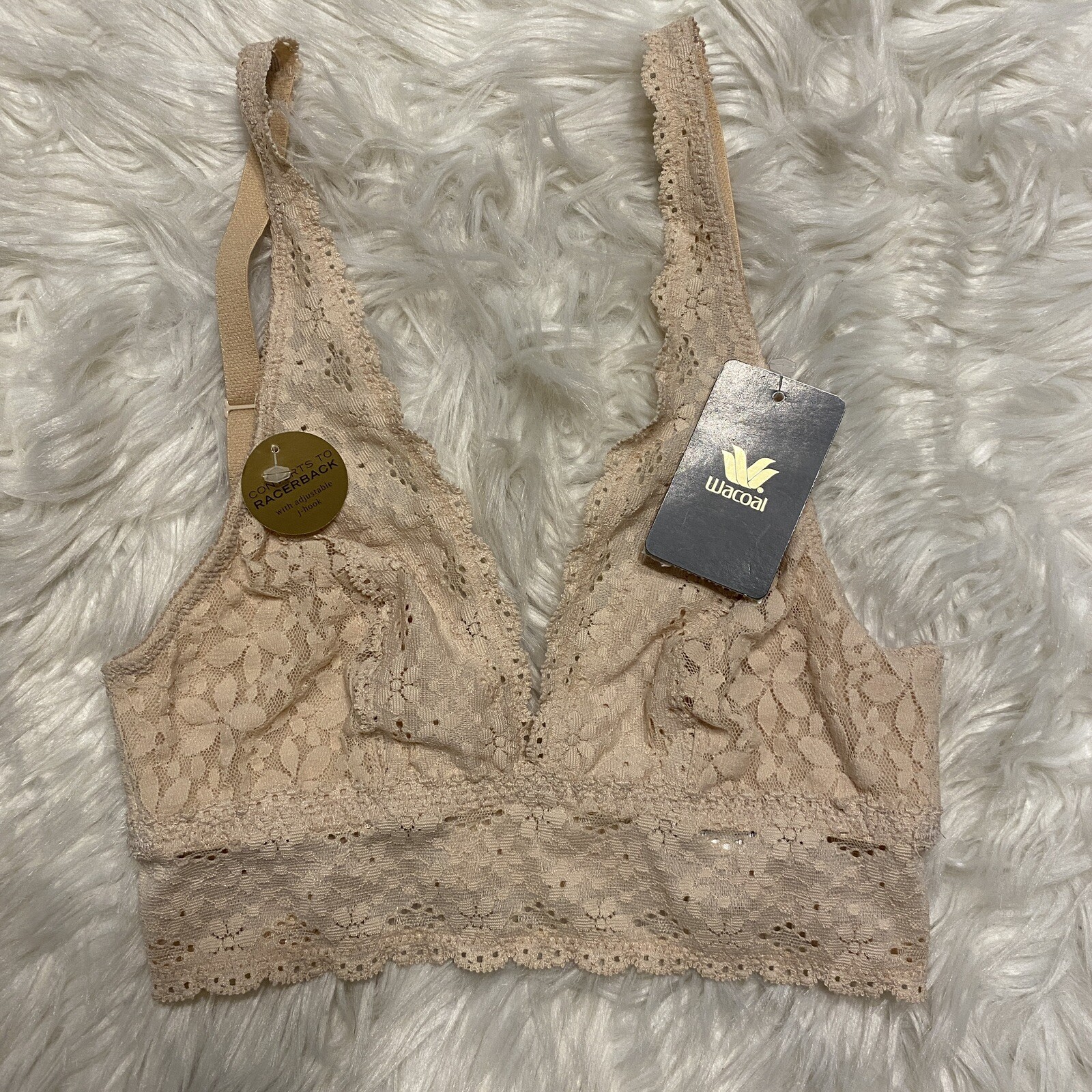 Wacoal 30 Bralette Beige Halo Lace Wire Free J Hook Back Closure 811205 NEW Wacoal 30 Bralette Beige Halo Lace Wire Free J Hook Back Closure 811205 NEW