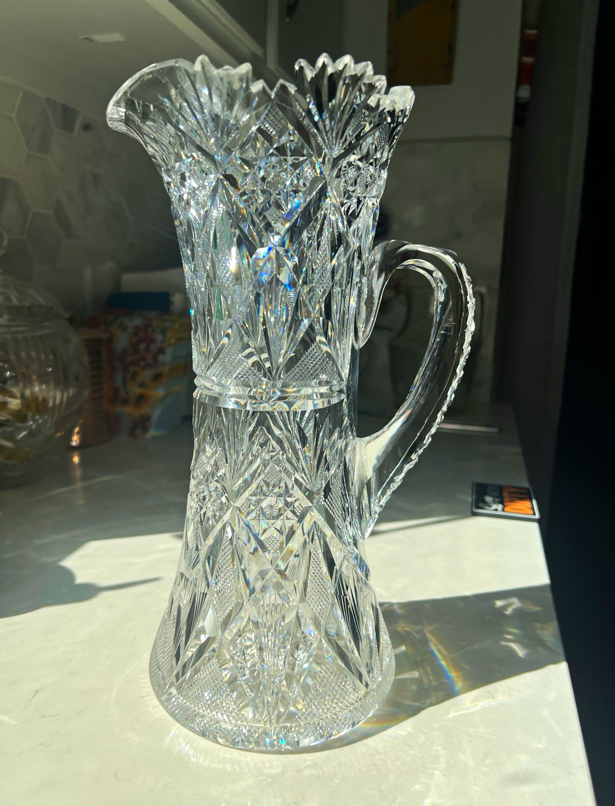 American Brilliant Period cut glass pitcher/jug. Dorflinger 12 inches tall
