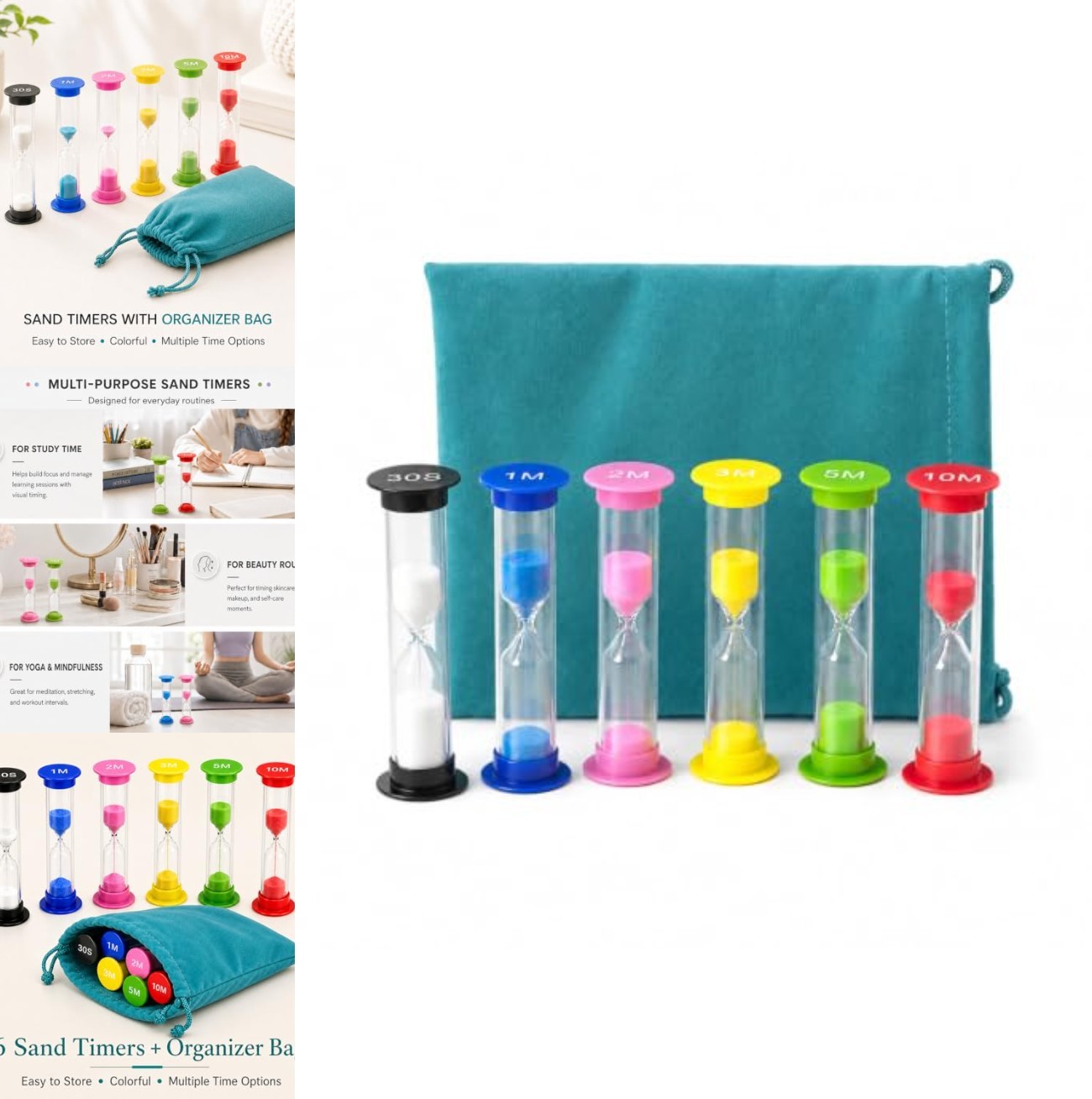 Hourglass Sand Timers 6 Pack 30 Sec to 10 Min Visual Timer Set with Storage Bag