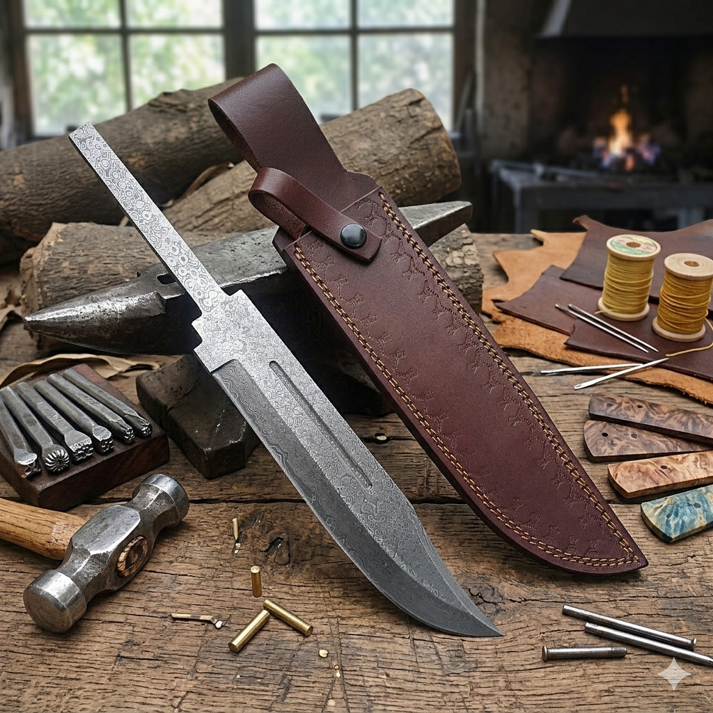 Damascus Hand Forged Steel Bowie Blank Blade Hunting Knife With Sheath Damascus Hand Forged Steel Bowie Blank Blade Hunting Knife With Sheath