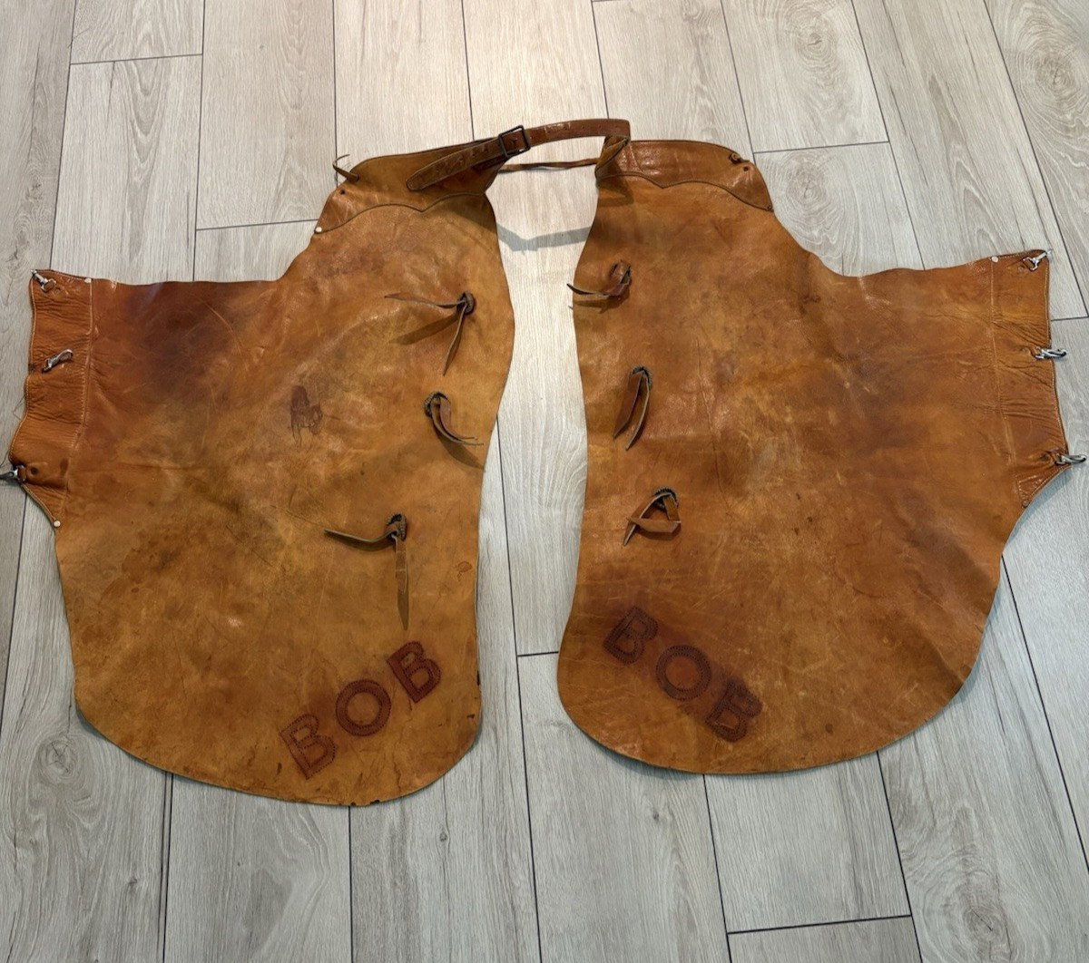 Rare Vintage Cowboy/Ranch Brown Handmade Leather Batwing Marked BOB Chaps Rare Vintage Cowboy/Ranch Brown Handmade Leather Batwing Marked BOB Chaps