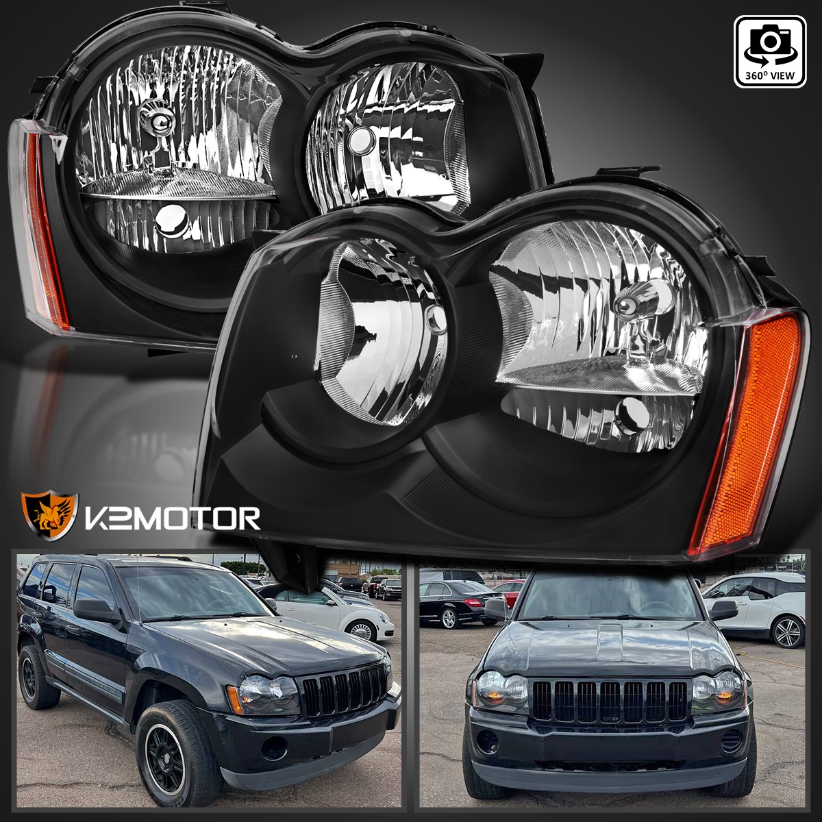 Fits 2005 2006 2007 Jeep Grand Cherokee Headlights Headlamps Black Left+Right