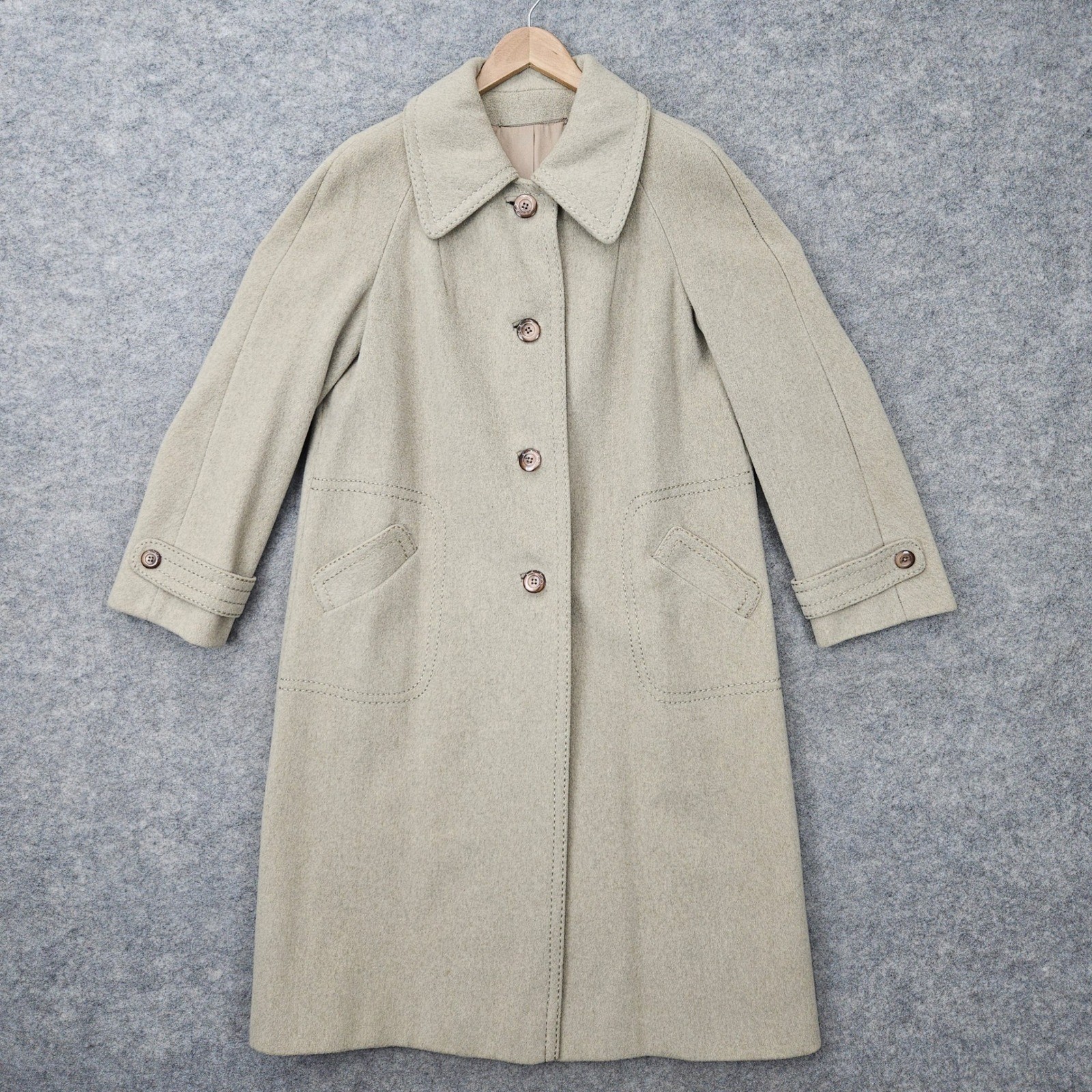 Youthcraft Women\'s Tan Beige Vintage ILGWU Wool Button Front Trench Coat FLAWS