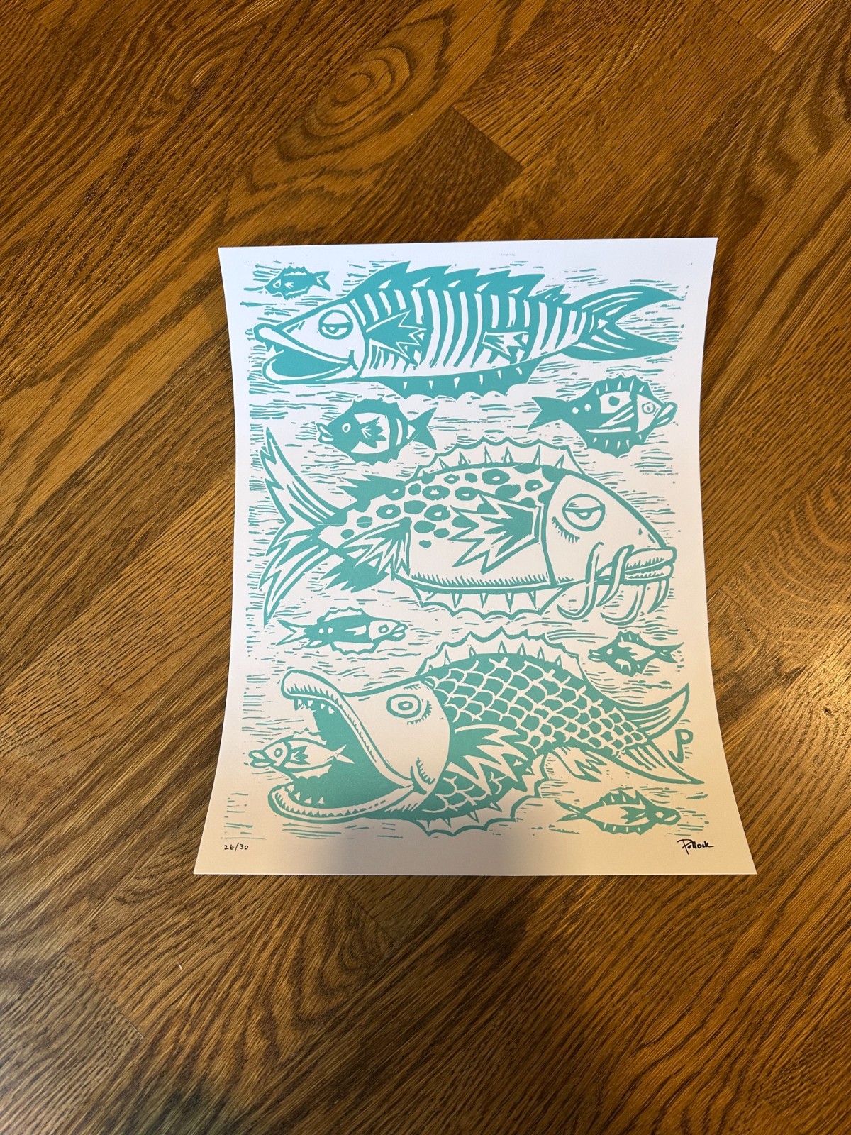 Jim Pollock Plethora of Fish variant turquoise on white Phish art print LE