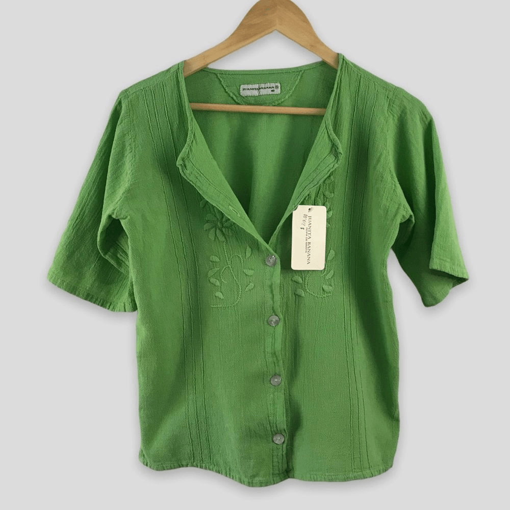 Juanita Banana Womens S Short Sleeve Cotton Button Up Green Embroidered Boho New Juanita Banana Womens S Short Sleeve Cotton Button Up Green Embroidered Boho New