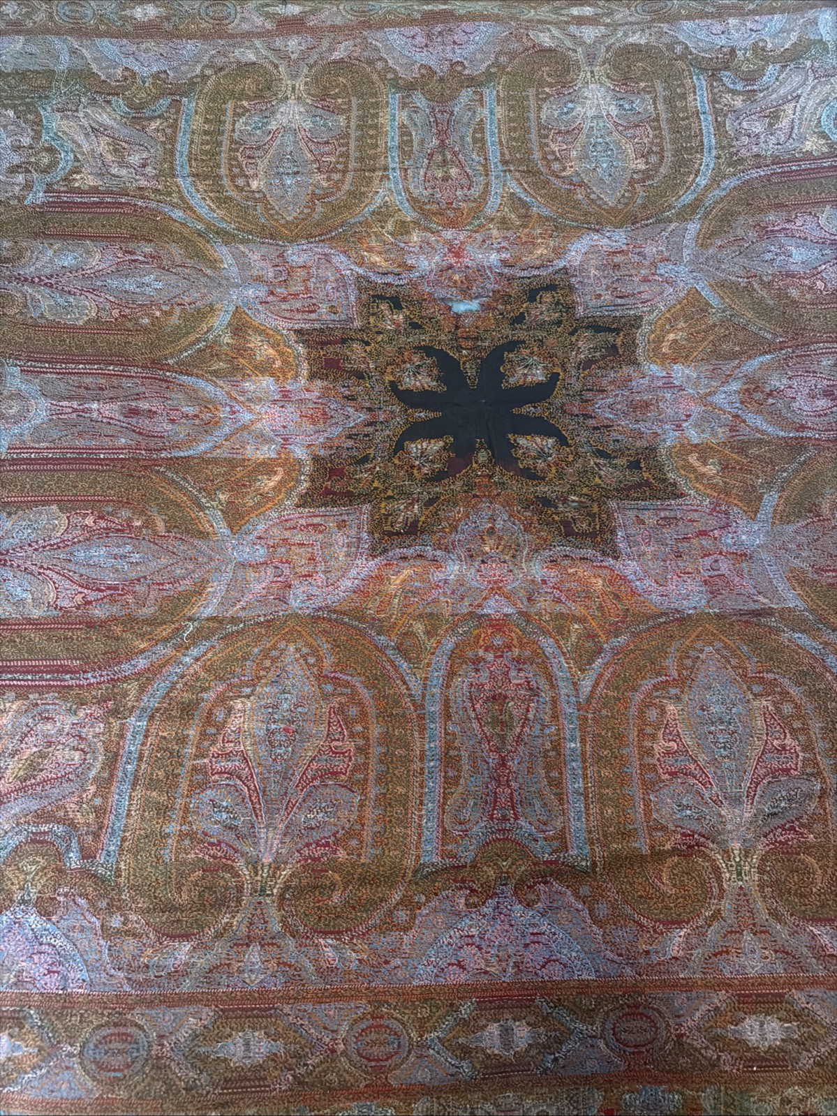 Antique French Paisley Shawl 1850s Victorian Black Star Jacquard Woven Throw