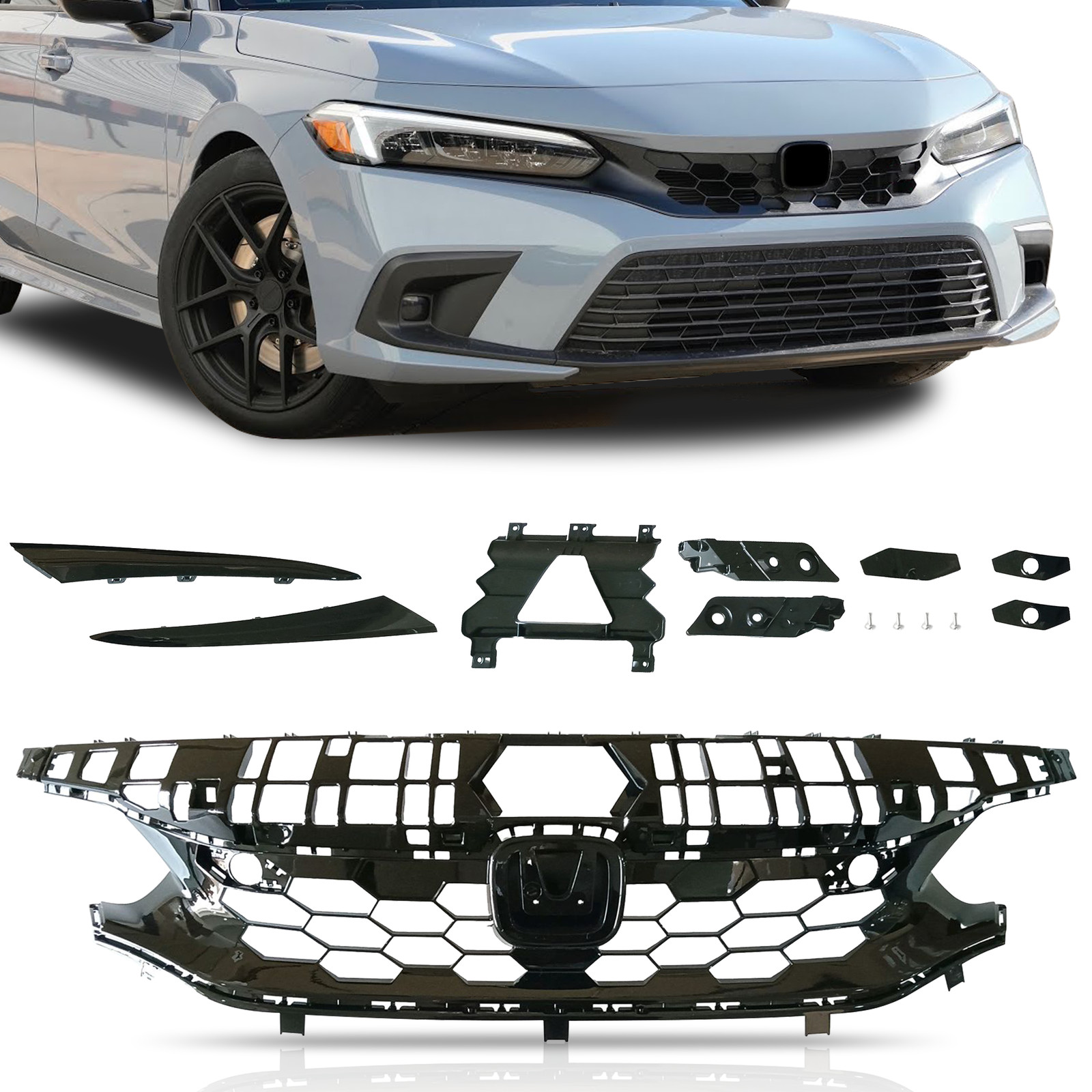 For 2022-24 Honda Civic Si & Hatchback Type-R Style Gloss Black Front Grill