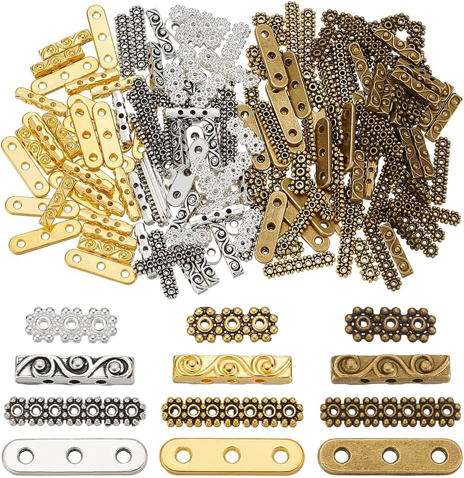 180Pcs 4 Styles 3 Holes 7 Holes Antique Rectangle Spacer Bars, Tibetan Style Spa