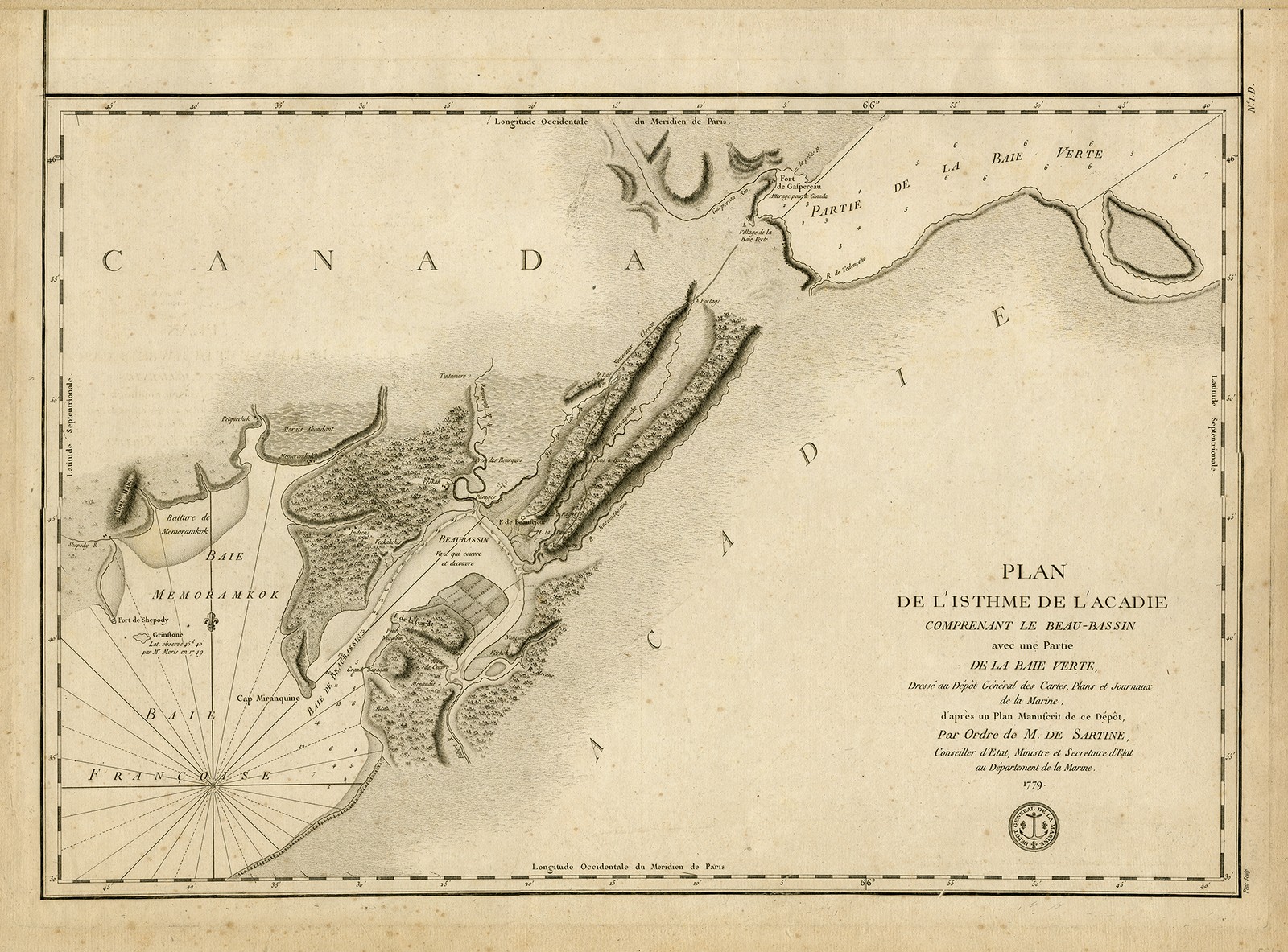 Antique Print-SEA CHART-CANADA-ISHTMUS OF CHIGNECTO-NOVA SCOTIA-Sartine-1779