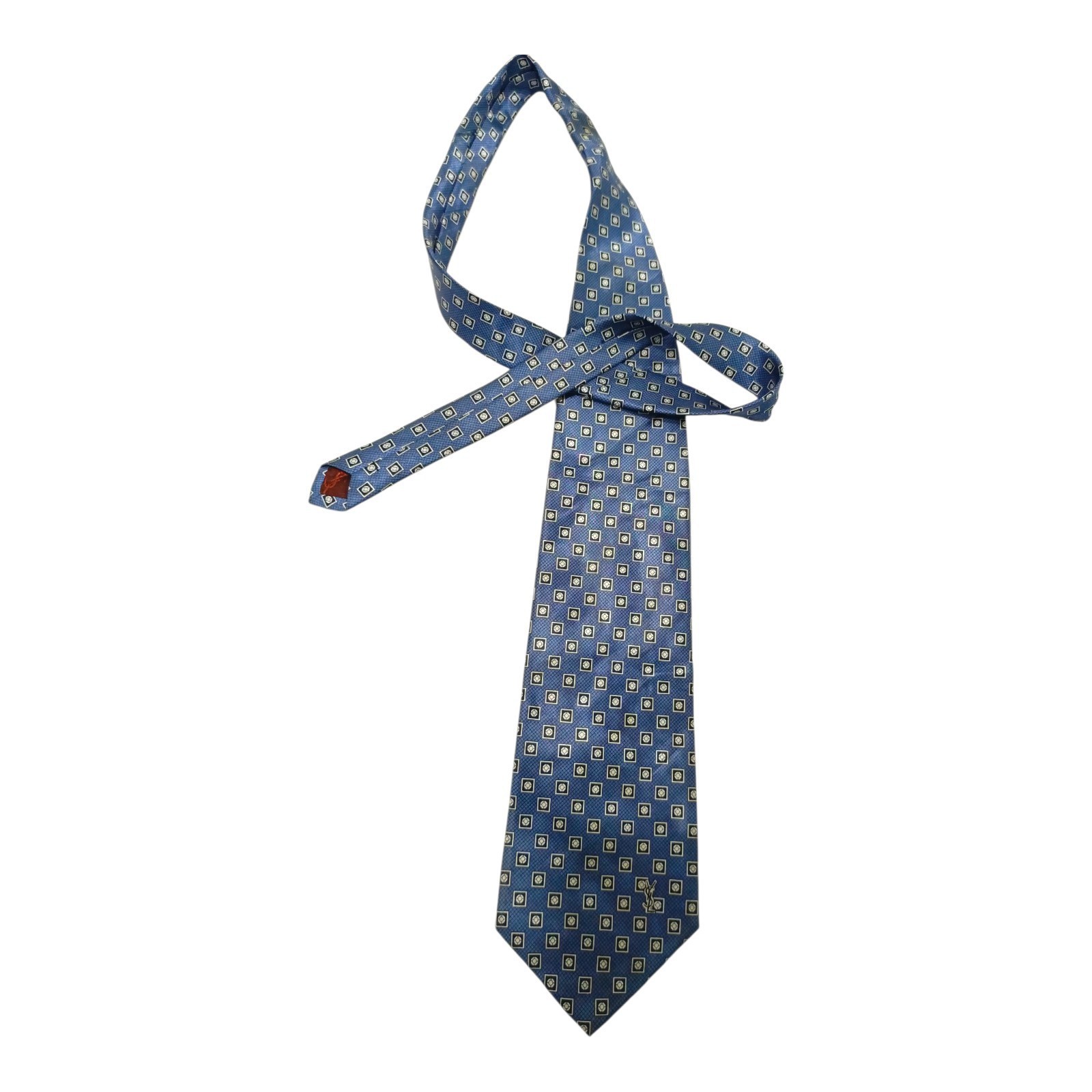 Vintage Yves Saint Laurent YSL Paris Necktie Blue Geometric Logo Designer Tie