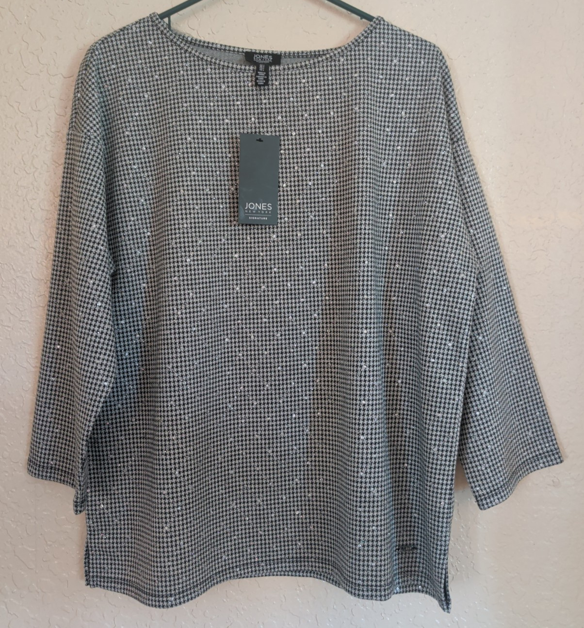 Jones New York Houndstooth 3/4 Sleeve Sparkle Top Black White Large