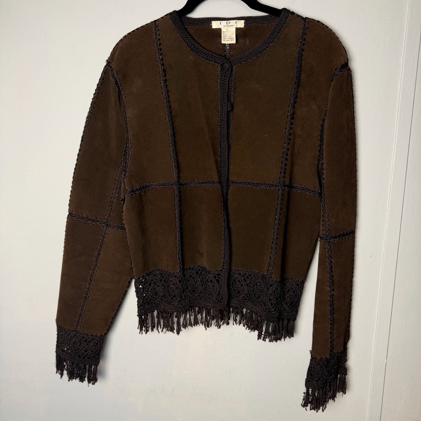 VTG IDI Suede Leather Jacket By Matthew Crochet Patchwork Dark Brown Boho Sz L VTG IDI Suede Leather Jacket By Matthew Crochet Patchwork Dark Brown Boho Sz L