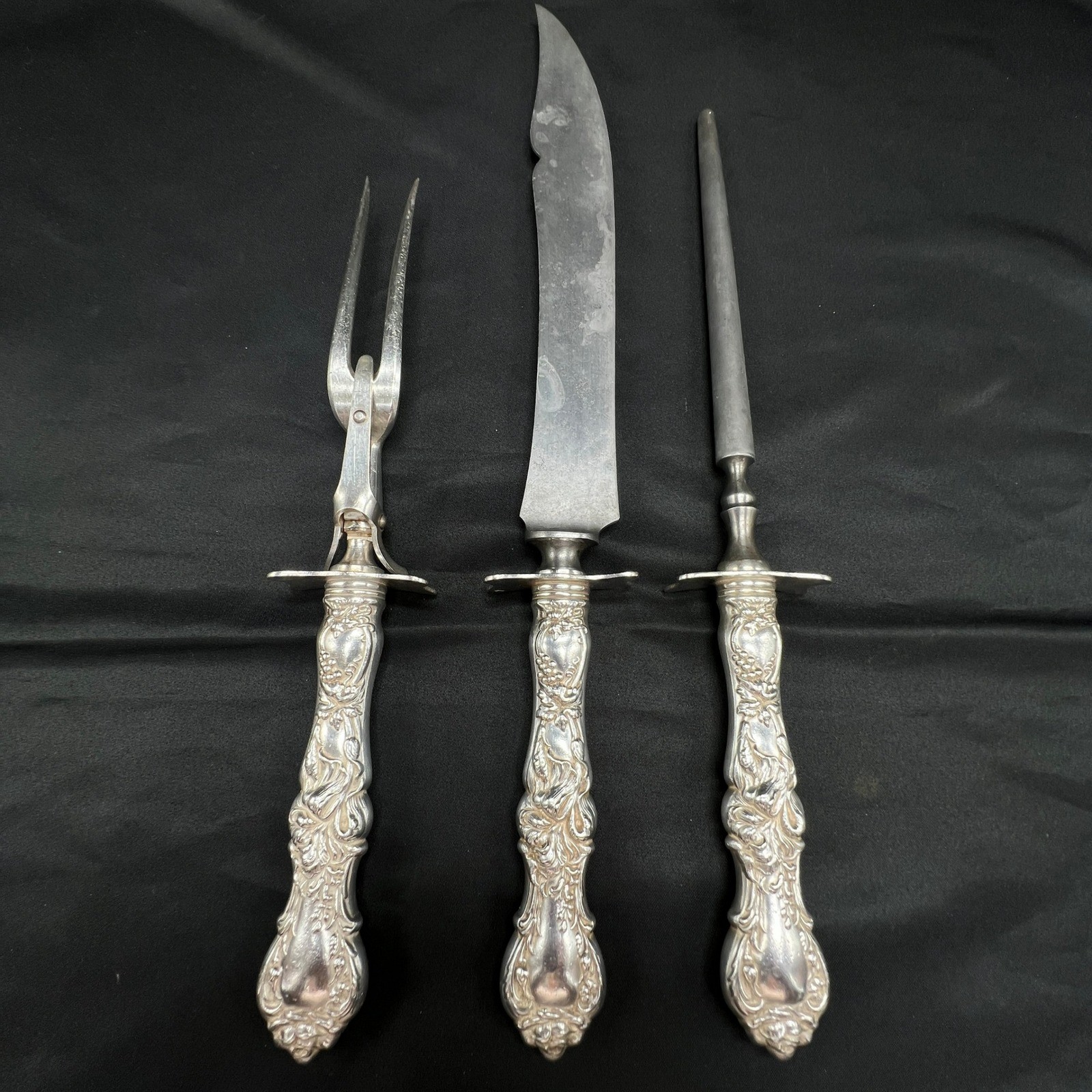VTG 1835 R Wallace Silver Plate 3 Pcs Carving Set Knife Fork Steel Ornate Floral