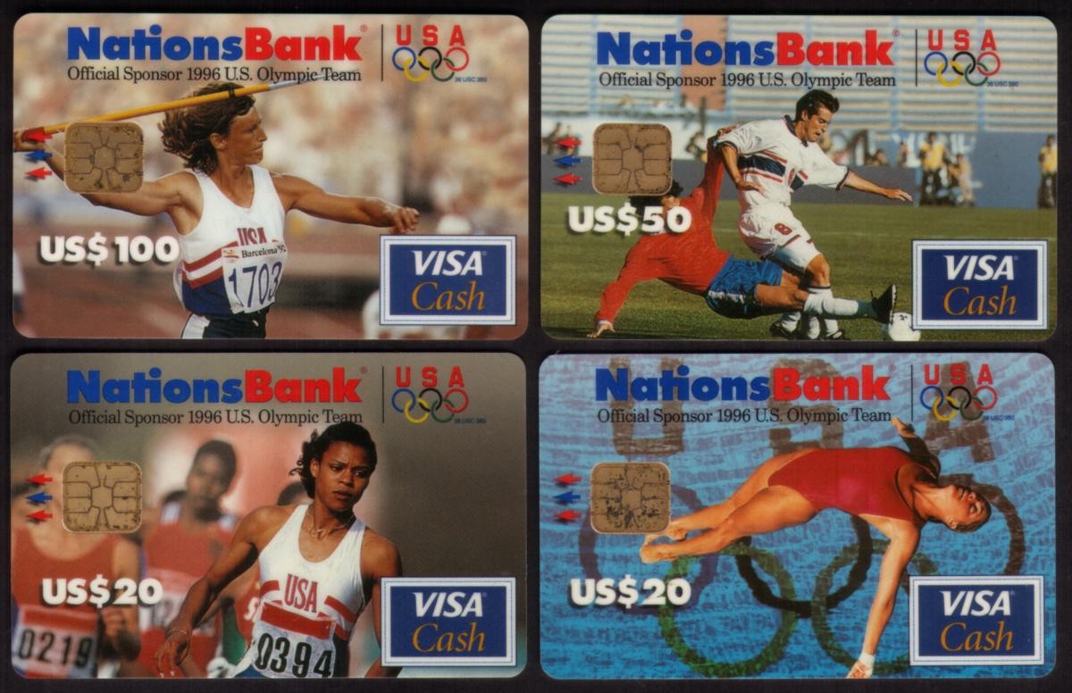 $20,20,50,100: 1996 Olympics VISA Cash Olympian Action Set of 4 USED Bank Card