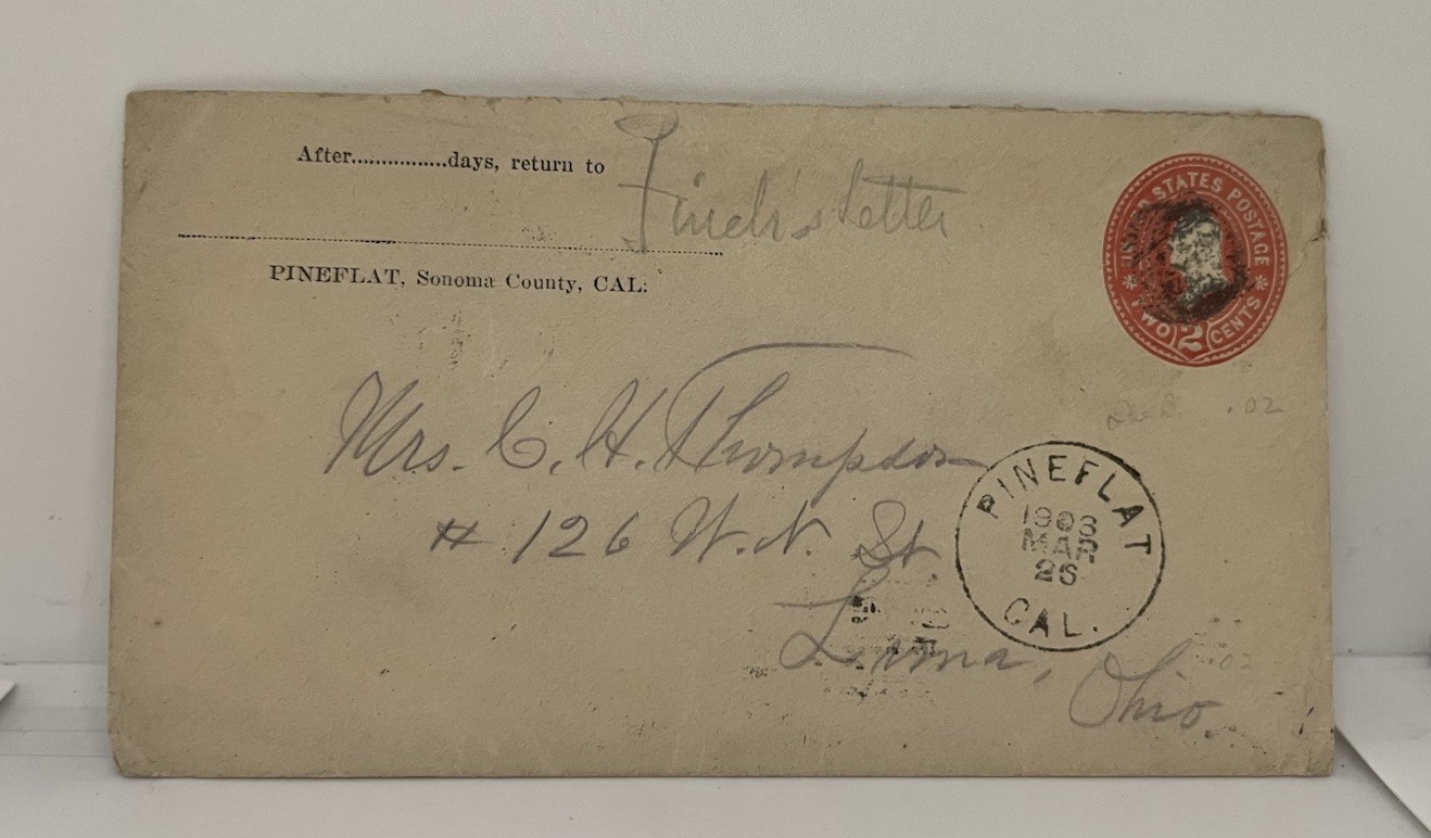 PINEFLAT Sonoma County Ghost Town Postal History Cover 1903 Back Stamp Gold Rush