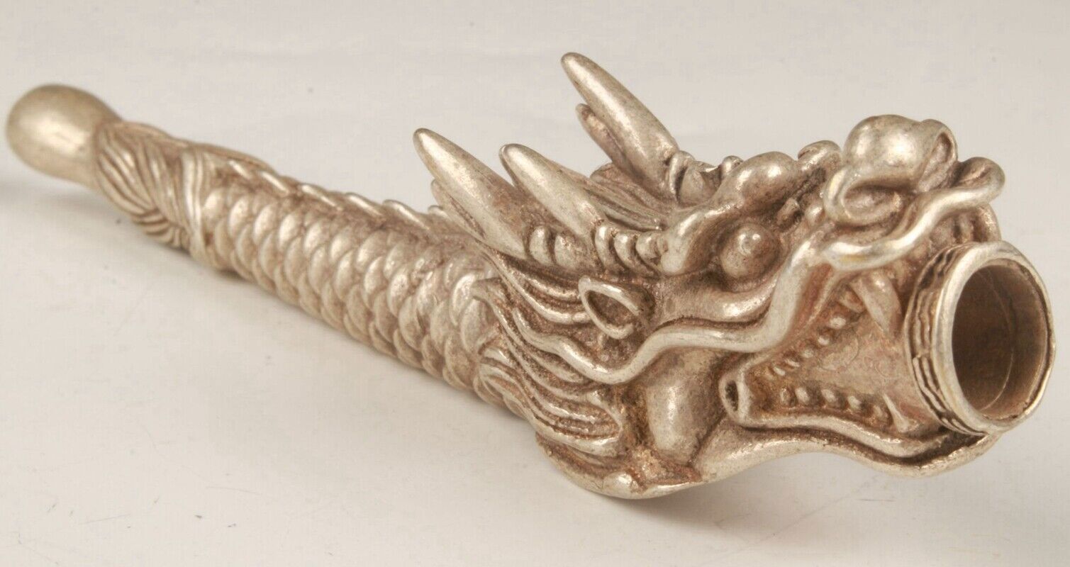 Old Chinese Tibet silver hand-carved dragon smoking pipe f416 Old Chinese Tibet silver hand-carved dragon smoking pipe f416