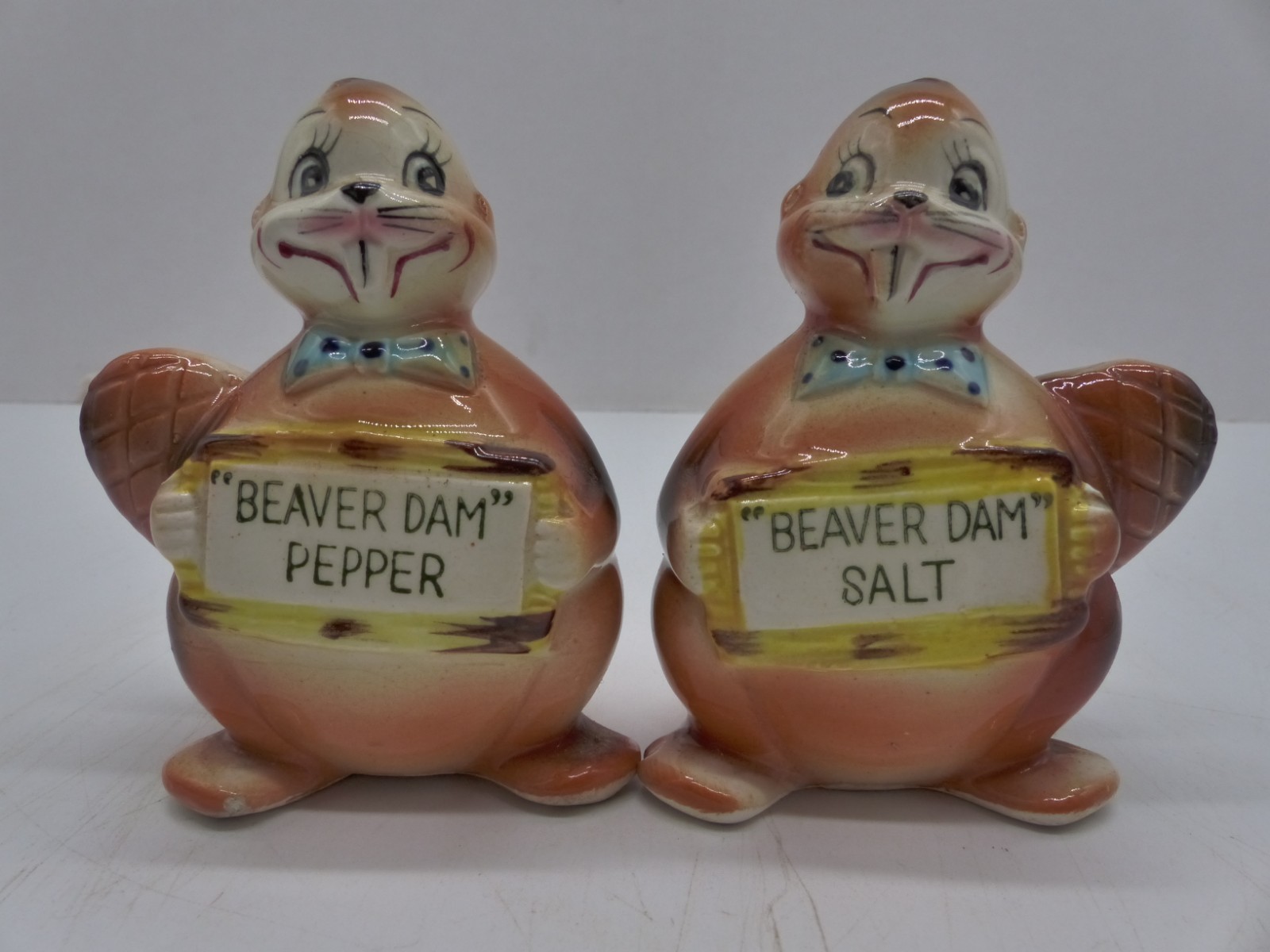 Cute Vintage Enesco Anthropomorphic Beaver Dam Salt & Pepper Shakers Ceramic Cute Vintage Enesco Anthropomorphic Beaver Dam Salt & Pepper Shakers Ceramic