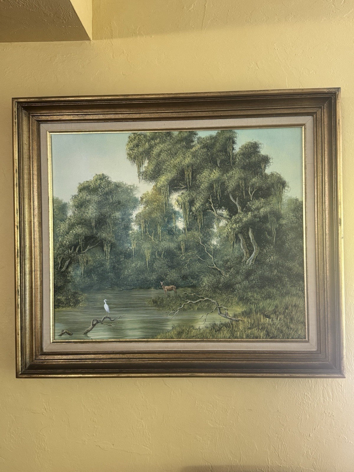 Vintage Florida Highwaymen Style Painting - Oak Trees & Heron In Water - D Gibbs Vintage Florida Highwaymen Style Painting - Oak Trees & Heron In Water - D Gibbs