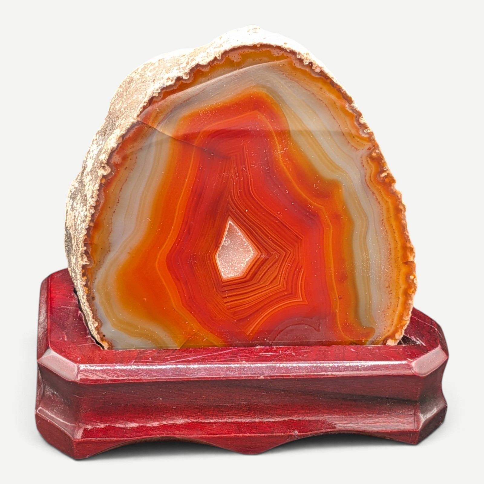 Agate Brown Orange Geode Display Set – Polished Slice & Wood Standing Agate Brown Orange Geode Display Set – Polished Slice & Wood Standing