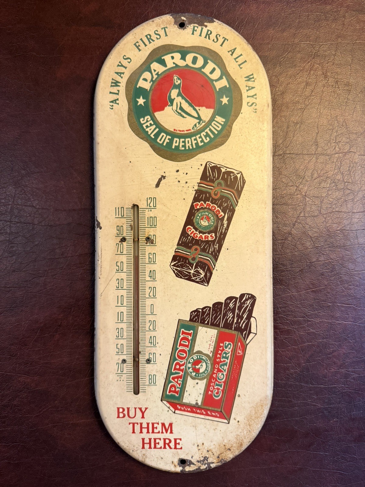 Vintage 1950s PARODI Cigars Tin Advertising Sign Thermometer WORKS Tobacco
