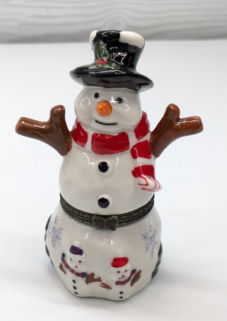 VTG Mini Ceramic Christmas Snowman Top Hat Trinket Box w/Miniature Figurine 4 VTG Mini Ceramic Christmas Snowman Top Hat Trinket Box w/Miniature Figurine 4