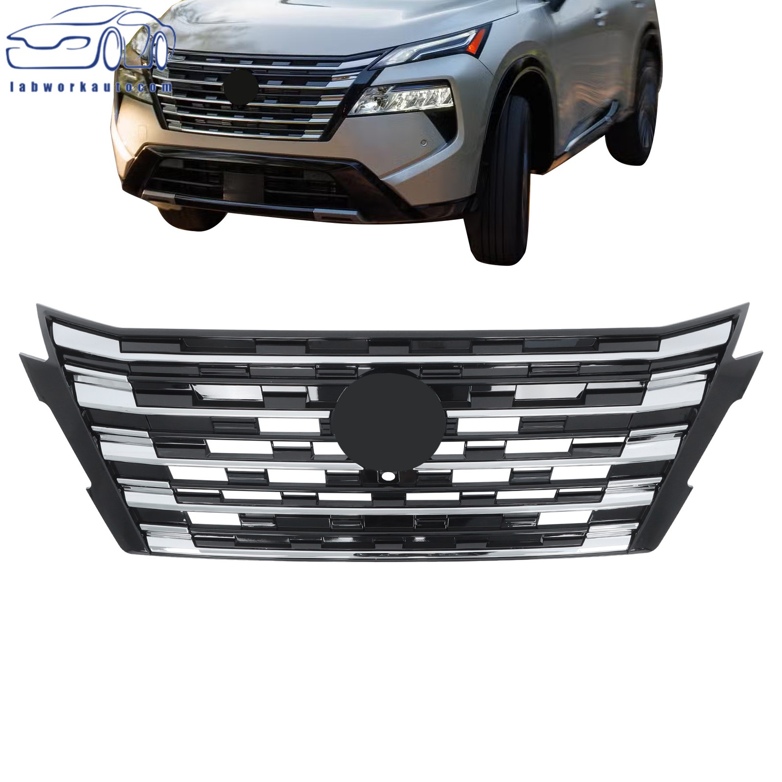 Front Upper Grille Chrome+Black Fit For Nissan Rogue 2024-2025 With Camera Hole