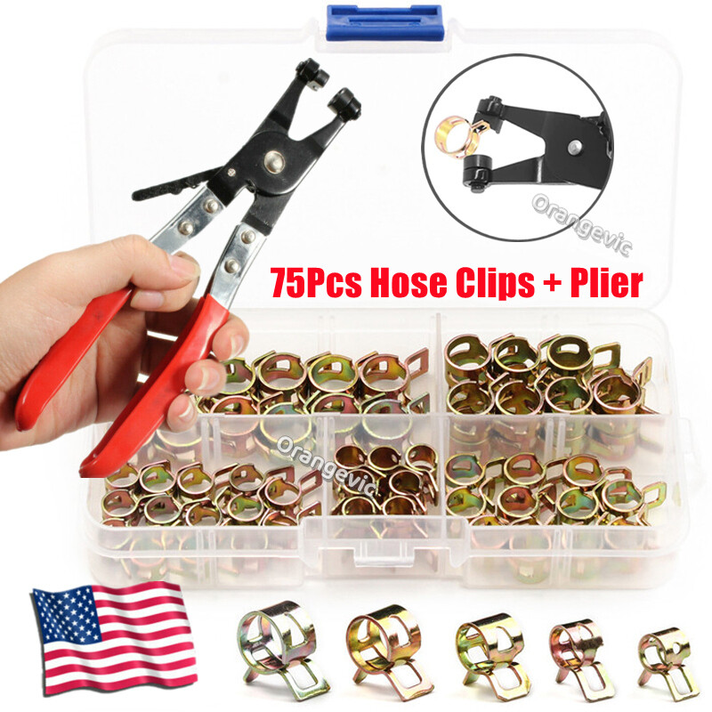 75Pcs Spring Hose Clamp/Plier 6-10mm Water/Fuel Line Pipe Air Tube Clip Fastener