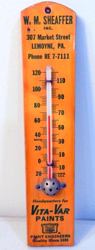 Vintage W. M. Sheaffer Lemoyne PA Vita-Var Paints Adv Thermometer c1940s WORKS