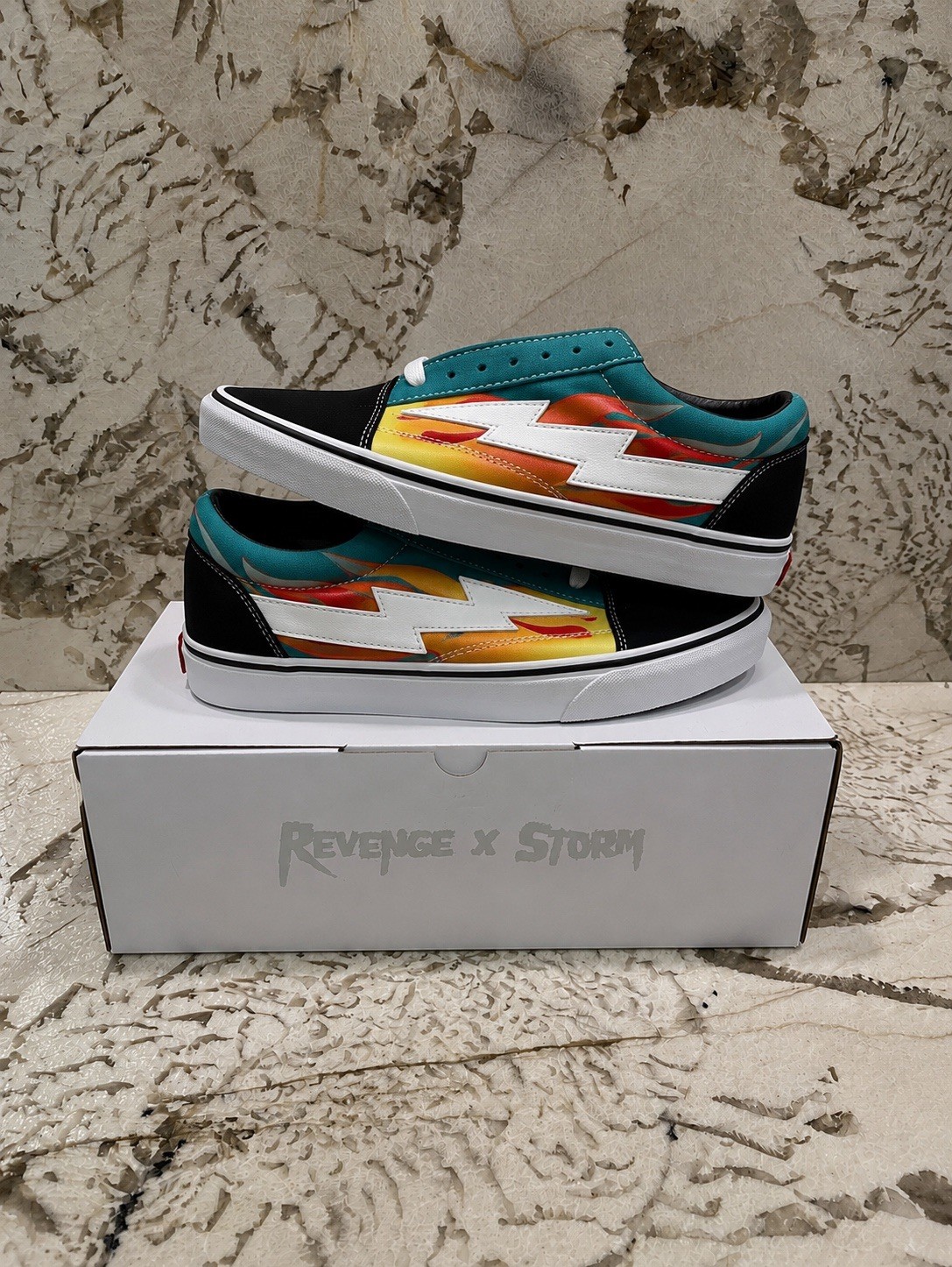 Revenge x Storm Teal Flames Size 9M/10.5W Brand New Authentic Next Day Ship Revenge x Storm Teal Flames Size 9M/10.5W Brand New Authentic Next Day Ship