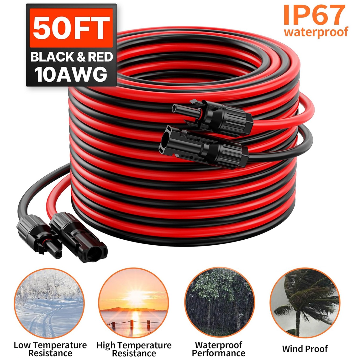 50ft Black + Red 10AWG Solar Panel Extension Cable Flexible Wire Connectors